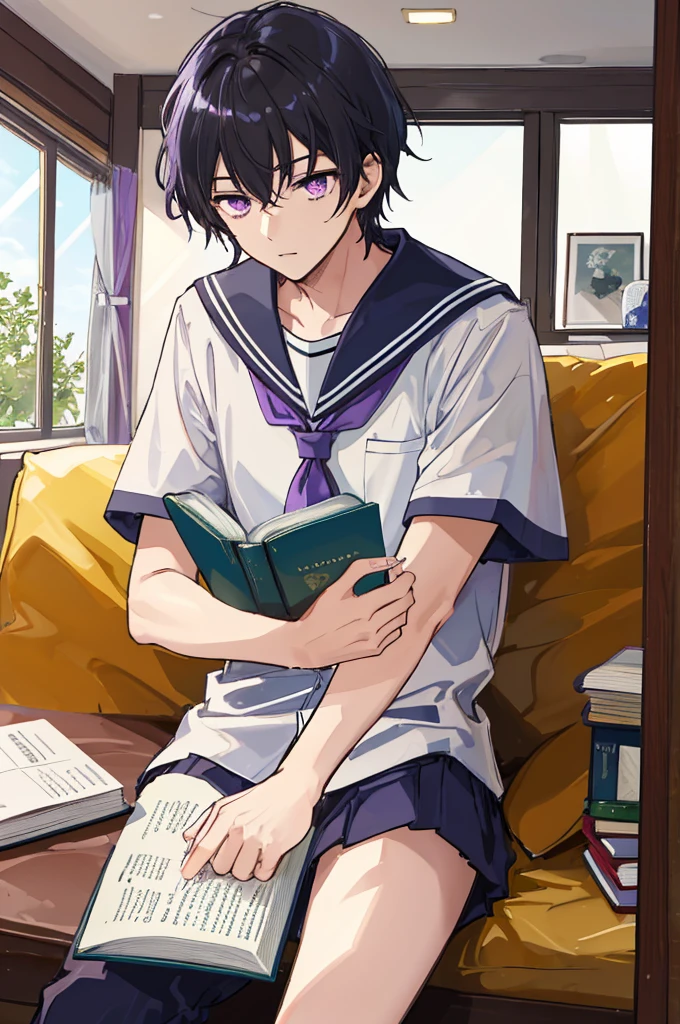 ((man)),Mature,university student,Black short hair,Purple Eyes,White sailor suit,Short sleeve,living room,,Sitting,Looking down at a book,Gentle,