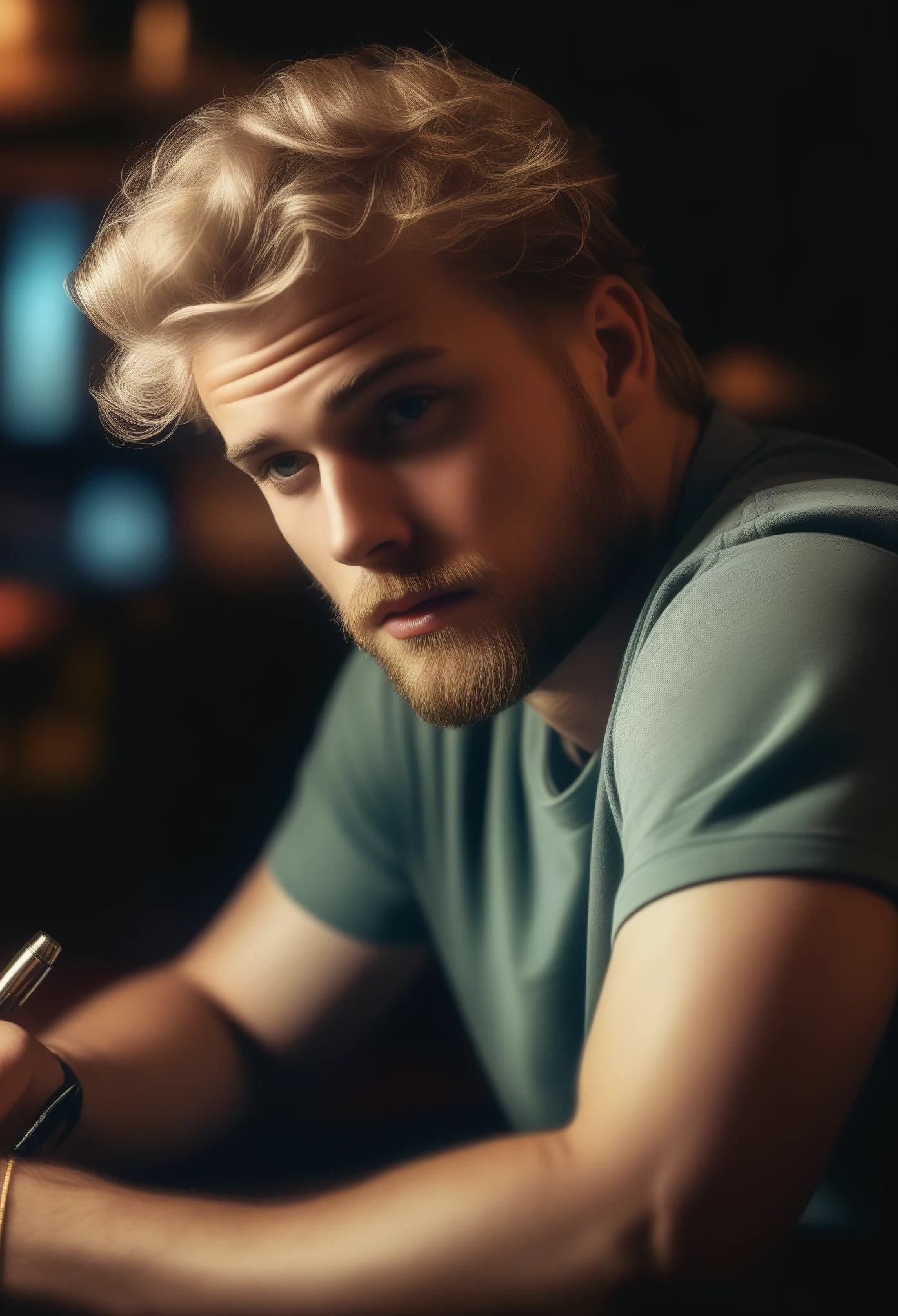Masterpiece, photographic art, photorealistic, precise focus, brilliant details, man, striking face, blond wavy hair, short beard, european guy, rapper, writing his lyrics, bar, bar counter, bar stool, whiskey glass, pad and pen,