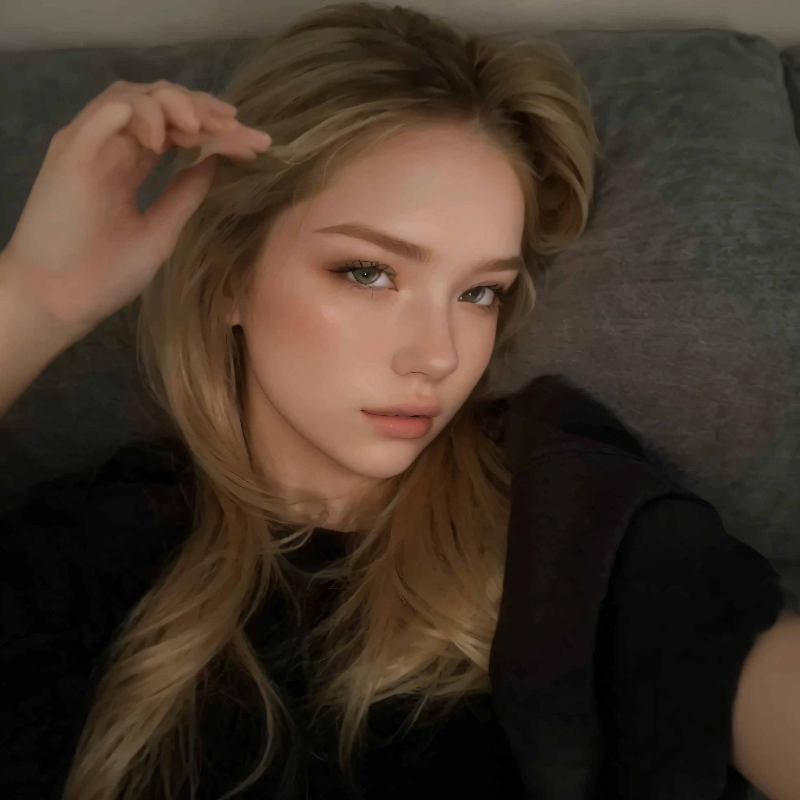 Blonde woman with long hair lying on a sofa with a remote control, 🤤 girl portrait, 19 year old girl, nodded, Anna Nikonova aka Newmilky, cabello rubio y ojos grandes, long cabello rubio y ojos grandes, 8k selfie photography, novia rusa, con pelo largo y rubio, hermosa chica rubia, cara perfecta )