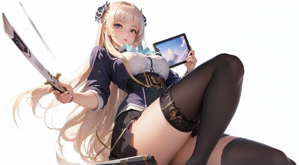 Anime girl holding a sword and a tablet, a Surrealism schoolgirl, fine details. Girls&#39; Frontline, Attractive anime girl, Realistic female student, Surrealism , from Girls&#39; Frontline, Girls&#39; Frontline style, cyber schoolgirl, Edge, anya from spy x, Edge anime style, (SFW) Work, schoolgirl。(((Large Breasts、Breast sagging、Low-cut，Cleavage ，Wide hips,)))((Long legs)),Hourglass figure))Short skirt，Pleated group，mini skirt