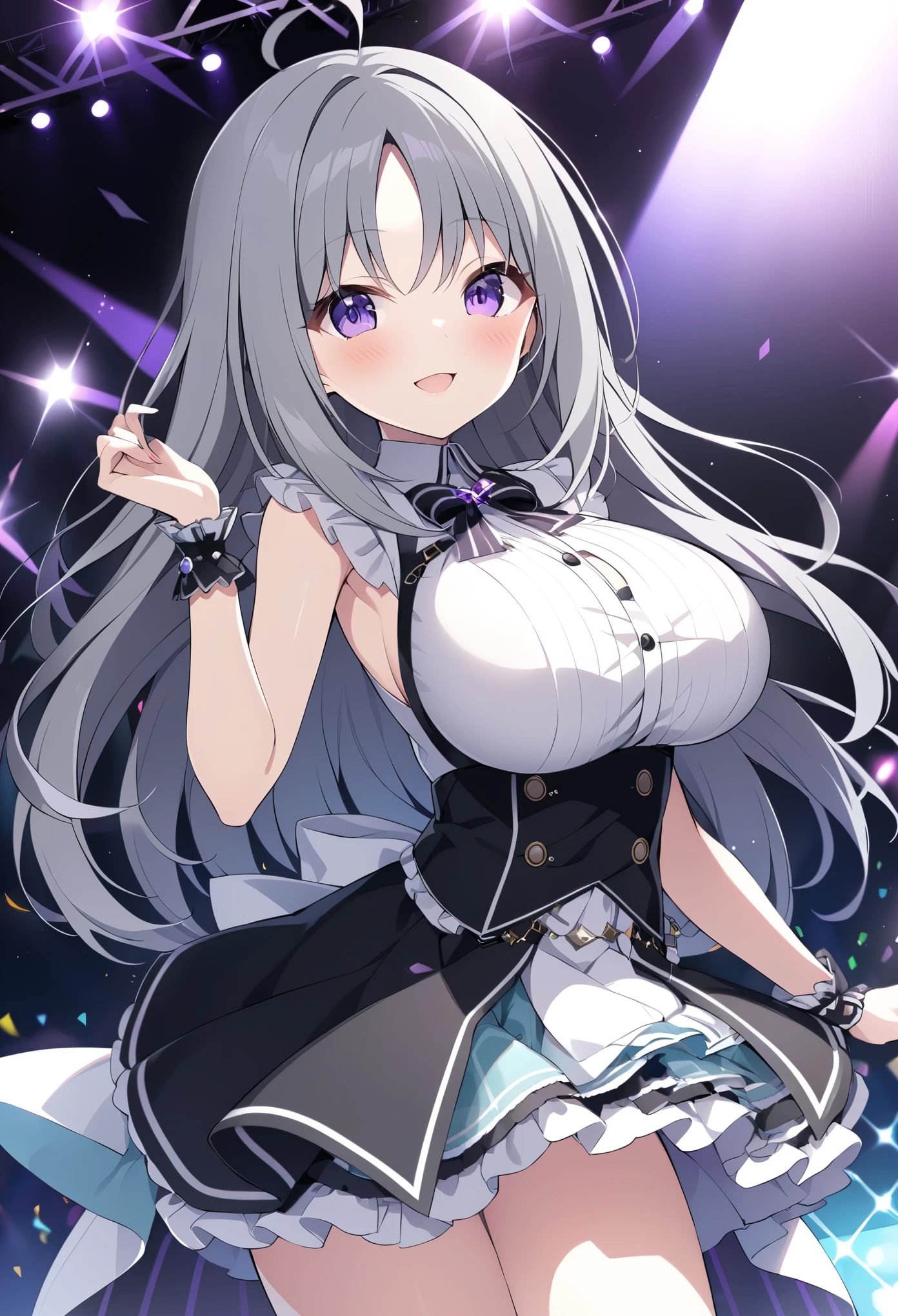 Kira Sayuri, grey hair, long hair, center parted bangs, ahoge, purple eyes,, large breasts, live stage, solo