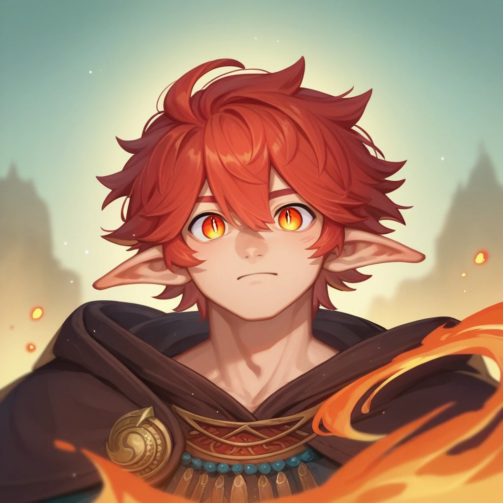 score_9, score_8_up, score_7_up, source_anime,  A young male manakete, with firey red hair, firey serpentile pupils, and pointy ears, hes a sorcerer, RPG, dnd, Mage, young man, inexerpeinced mage trying to cast magic,