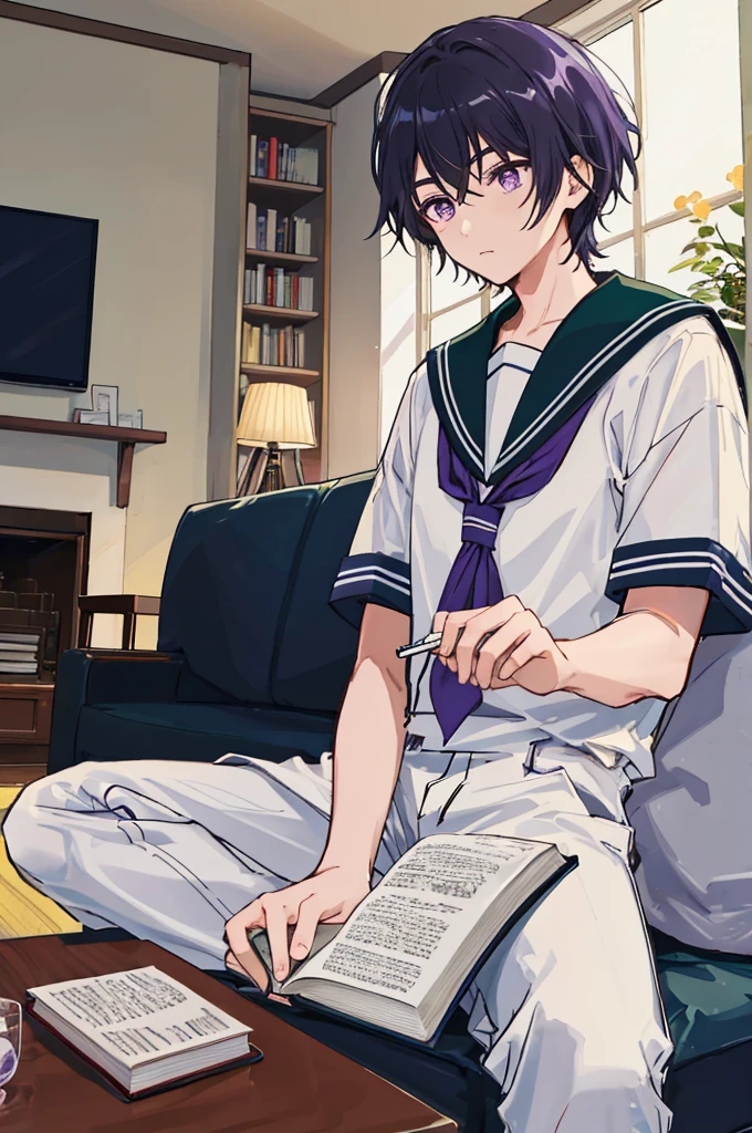 ((man))，Mature，university student，Black short hair，Purple Eyes，White sailor suit，Short sleeve，living room，，Sitting，Looking down at a book，Gentle，