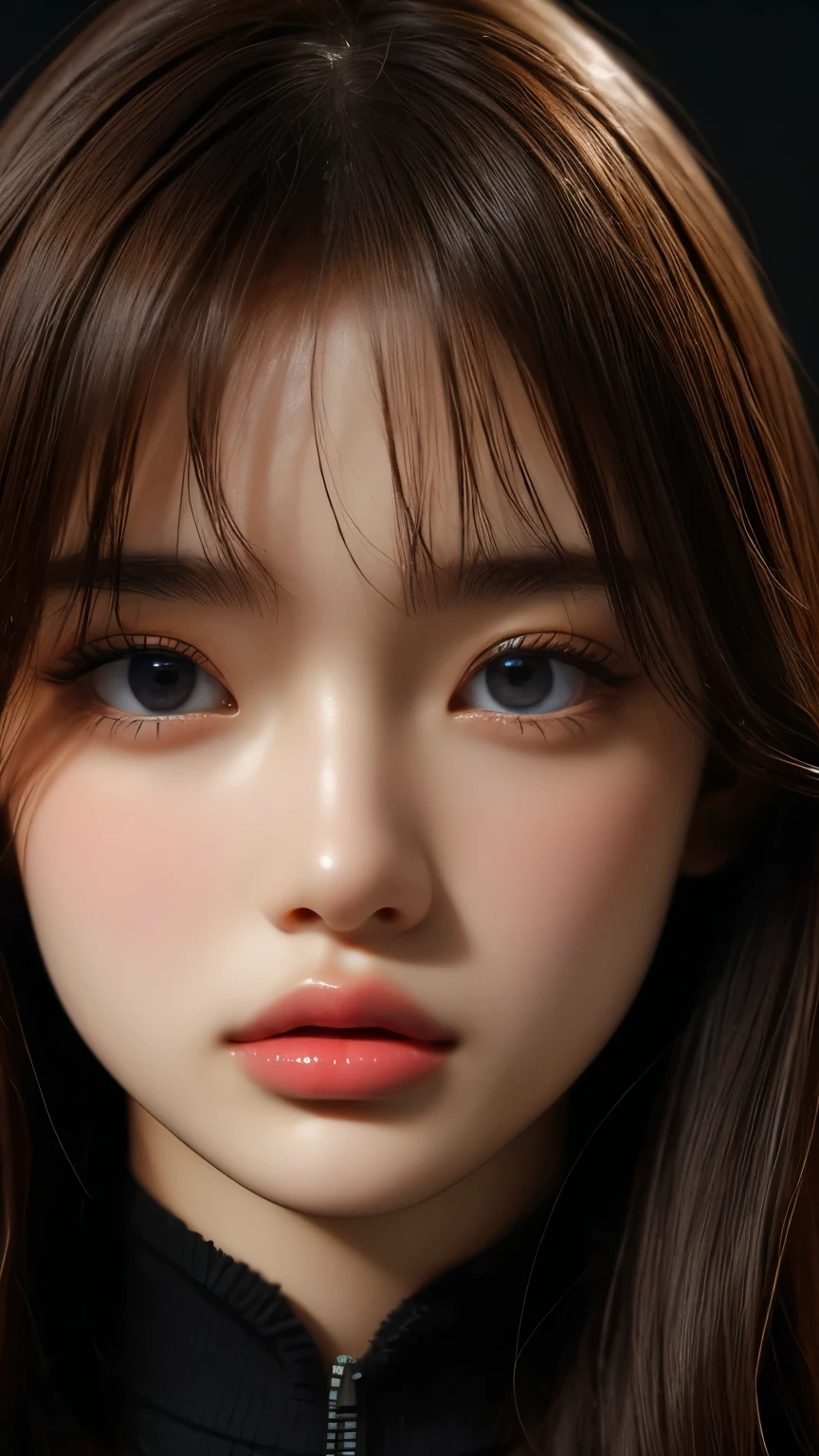masterpiece, best quality, ultra-detailed, intricately detailed hyperdetailed, realistic, sharp features, highly detailed, sharp focus, perfect face, perfect face, perfect symmetrically perfect eyes, perfect full lips, flexible female form, cinematic, film light, hyper detailed, hyper realistic, high resolution, vibrant, dynamic studio lighting, ((Dark background)), Sexy face, Facial expressions when receiving pleasure, straight Bangs, Big breasts, Exposed cleavage, blue Eyes,black sweater, cowboy shot,