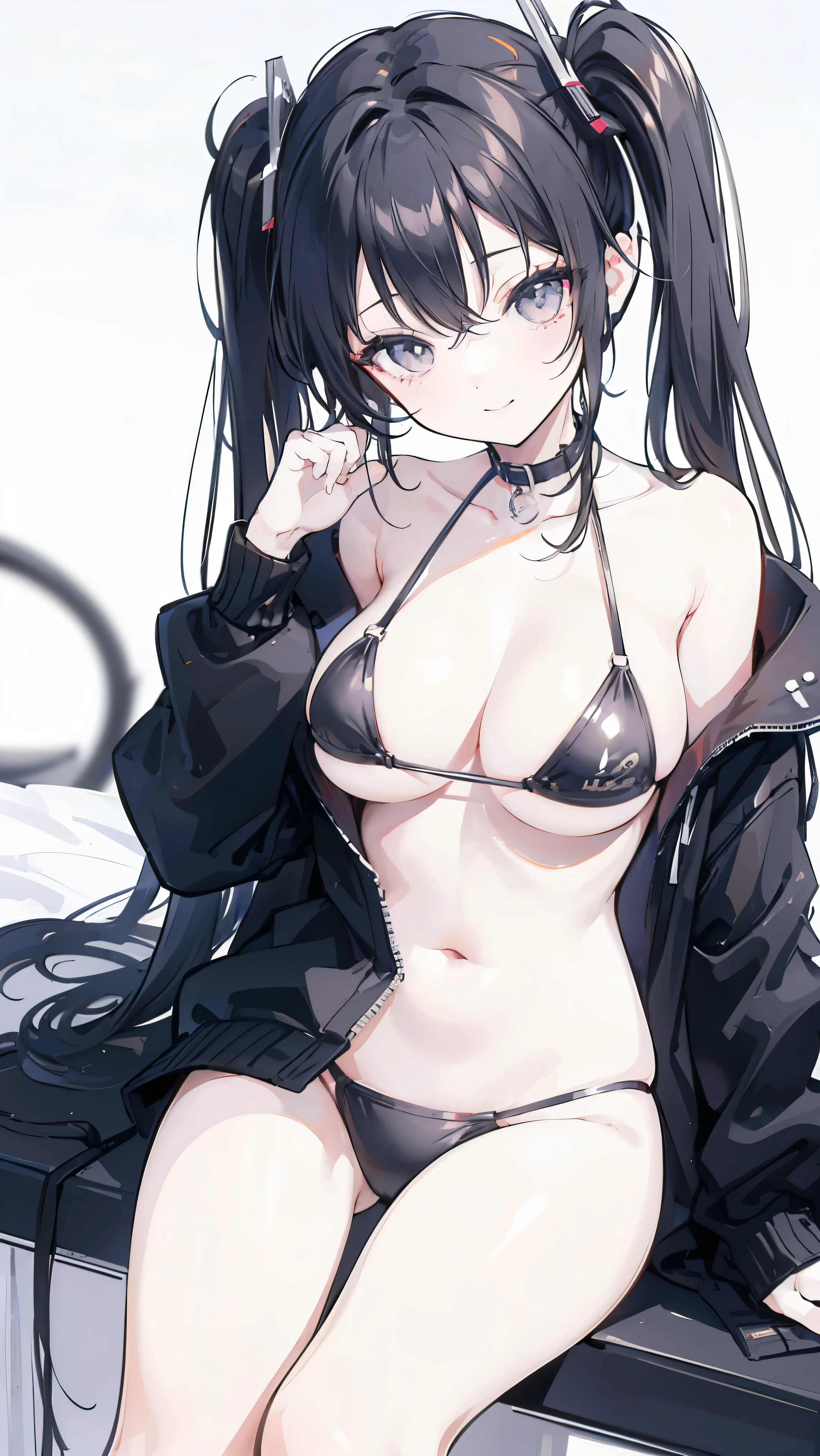 masterpiece,anime style,chibi,black hair,sexy girl,mini bikini,shoulder length hair with two pigtails,very big breasts,black jacket,wearing headphones,smiling,listening to music,lying on a bed,