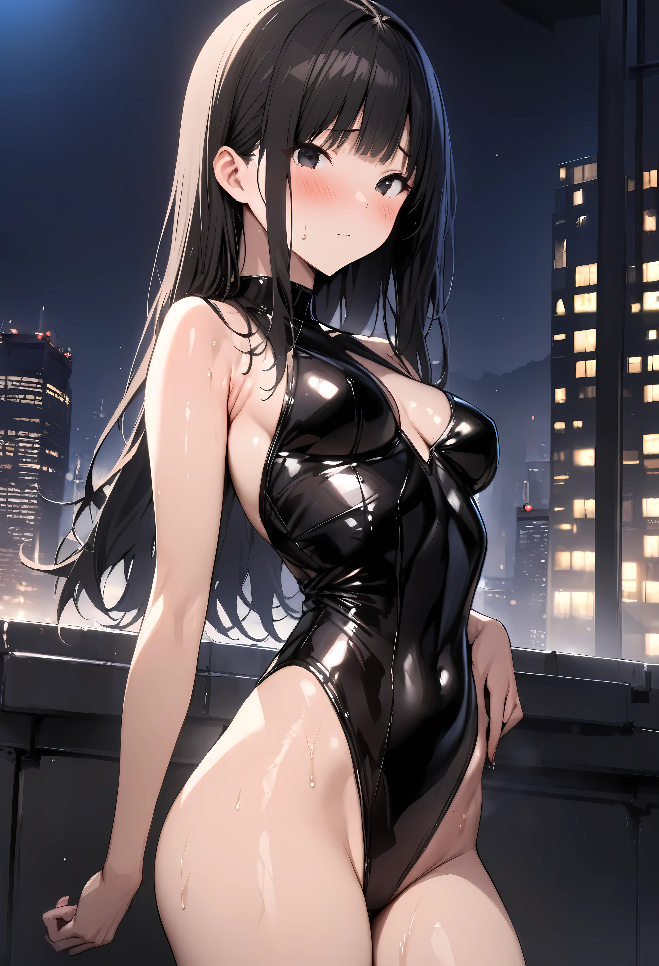 ((masterpiece, highest quality:1.3)),cowboy shot,25 year old beauty,solo,(very small head),black hair,long hair,black eyes,blunt,medium breasts,skinny,shiny skin,oily skin,blush,Black leather leotard、rooftop of high-rise building、Tokyo、moonlight