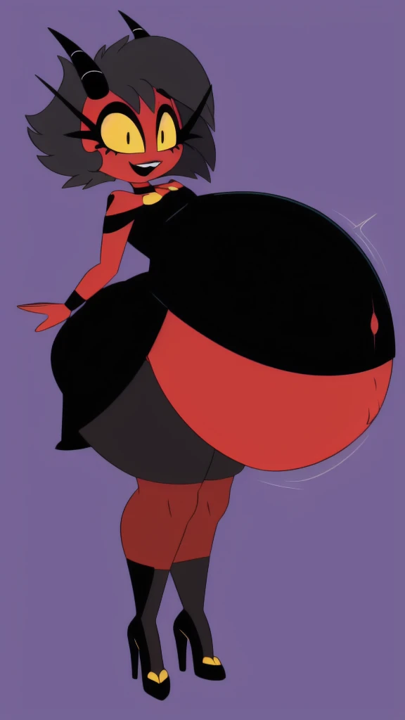 Masterpiece, best quality, millie, 1girl, solo, detailed face, upper body, yellow eyes, short hair, black hair, demon girl, horns, (black gown, black dress, gold accents, fancy dress, high heels:1.5), (muscular female, abs:0.75), red skin, colored skin, novel illustration, smile, simple background, closed mouth, pinup pose, (full body:1.5), (short arms, short legs, short girl:1.2), thighs, wide hips, small breasts, extremely gigantic pregnant belly, belly kicking, hand hitting belly multiple times