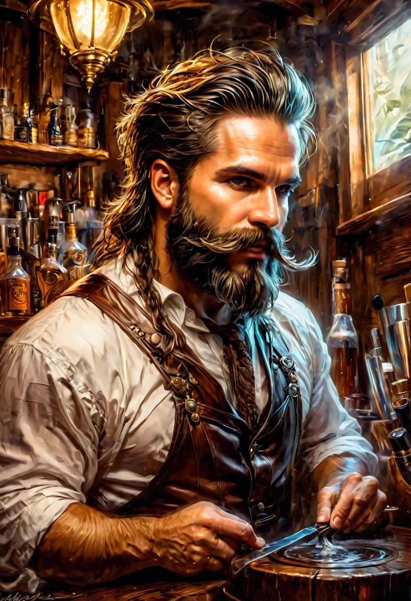 orelhas de coelho, por Raymond Swanland, melhor qualidade, Obra de arte, very aesthetic, perfect composition, detalhes intrincados, ultra-detalhado, barbearia