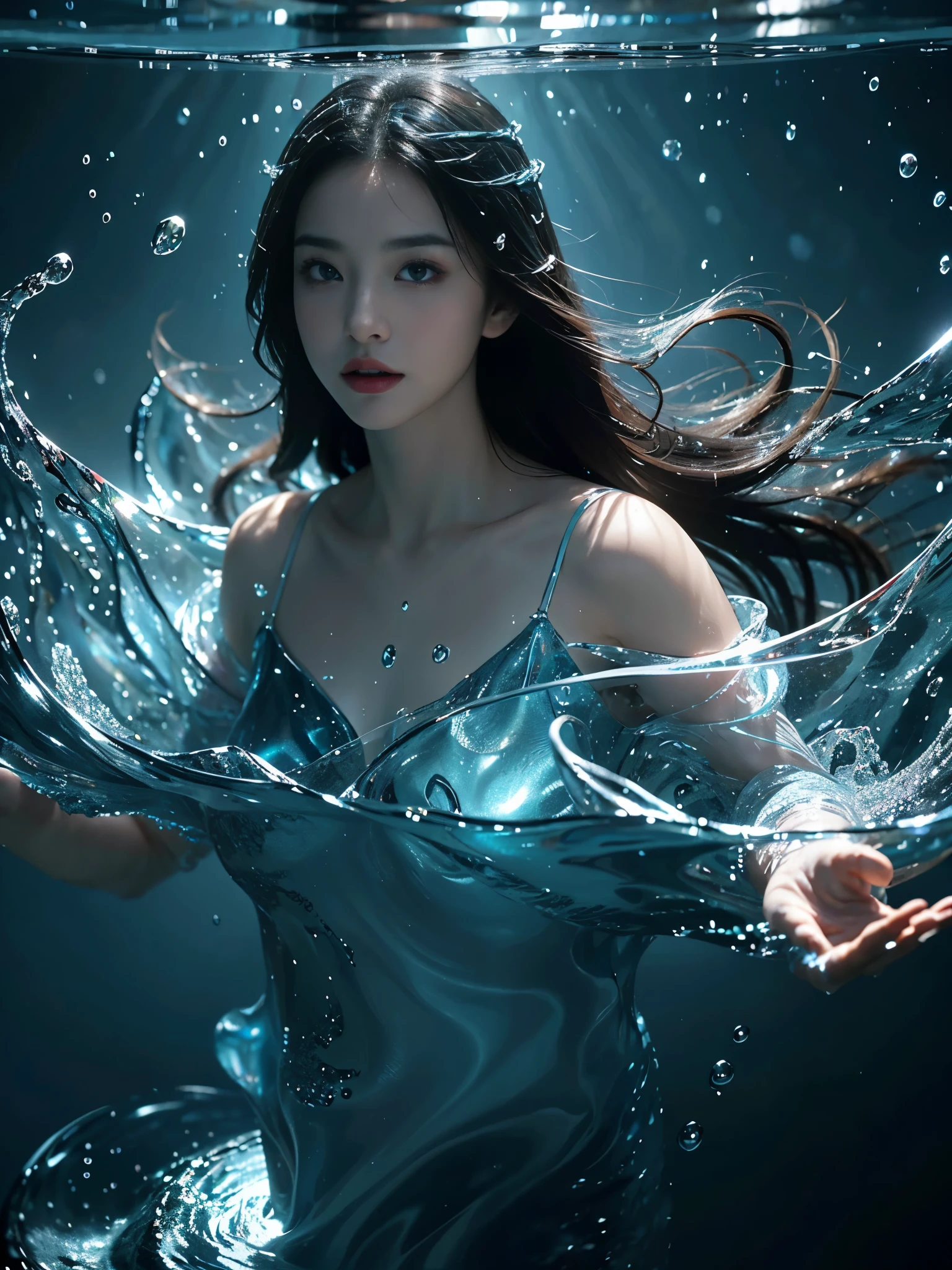 （tmasterpiece，top-quality，optimum，offcial art，Beautiful and beautiful，Long exposure：1.2），Smooth movement，Attractive pattern，one-girl，Adult women，Perfect skin，jade Eyes，Black leafy hair，sportrait，solo，The upper part of the body，Gaze at the observer，detailedbackground，Detailed face，（Crystal AI，crystalline theme：1.1），Elemental Water Elves，Swirl water，Water control，The water flows around Makoto's clothes，dynamicposes，Floating particles，Ether dynamics， Eau，steamy，Background sea，blue tint，shores，Fantastical Atmosphere，。The water is as blue as spring water。Full face。Realism in the water。Light and shadow tracking，