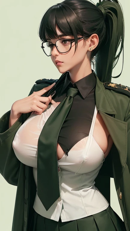 ((Wide-angle shooting)), Beautiful female veteran, Black hair tied into a ponytail, Bangs, Wearing large glasses, ((Dark green military coat,( White lining),Holding a dark green tie。Hip skirt,Black pantyhose,distressed, worn out)),((Disheveled,(Open top exposing breasts),Hair is being groomed)),(exposed breasts,outline nipples' shape and color))