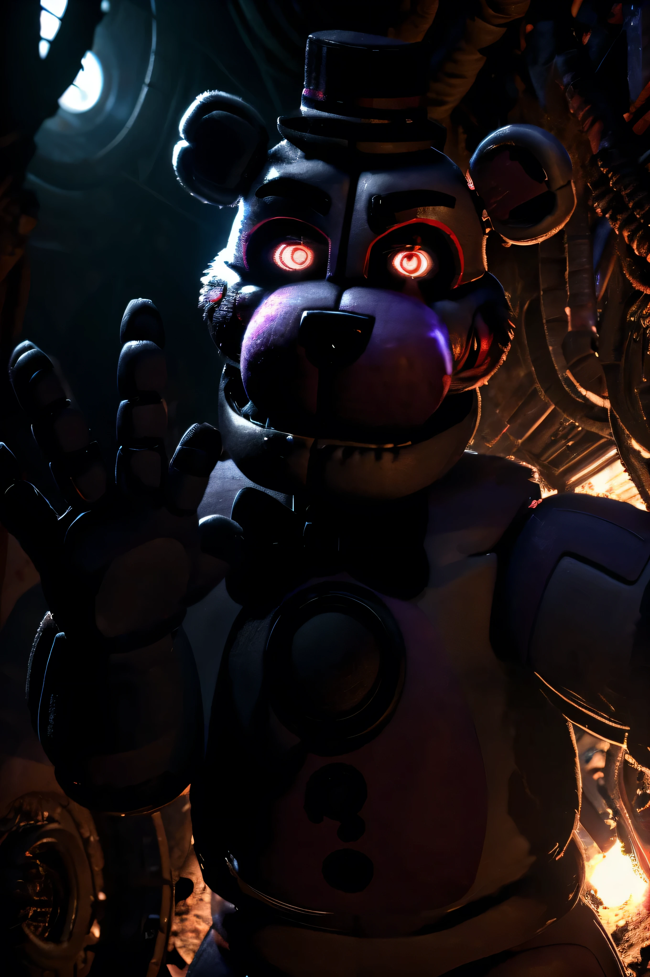 ((funfreddy)), wide jawline, 4k, hi res, 8k, detailed eyes, 8k eyes, eyes focus, red eyes, ((glowing eyes)), aggressive Red lens flare, underground, factory, machinery, no lights, (((pitch black setting))), (((hand reaching out at viewer))), Masterpiece, ultra detailed, realistic, detailed, full view, funfreddy