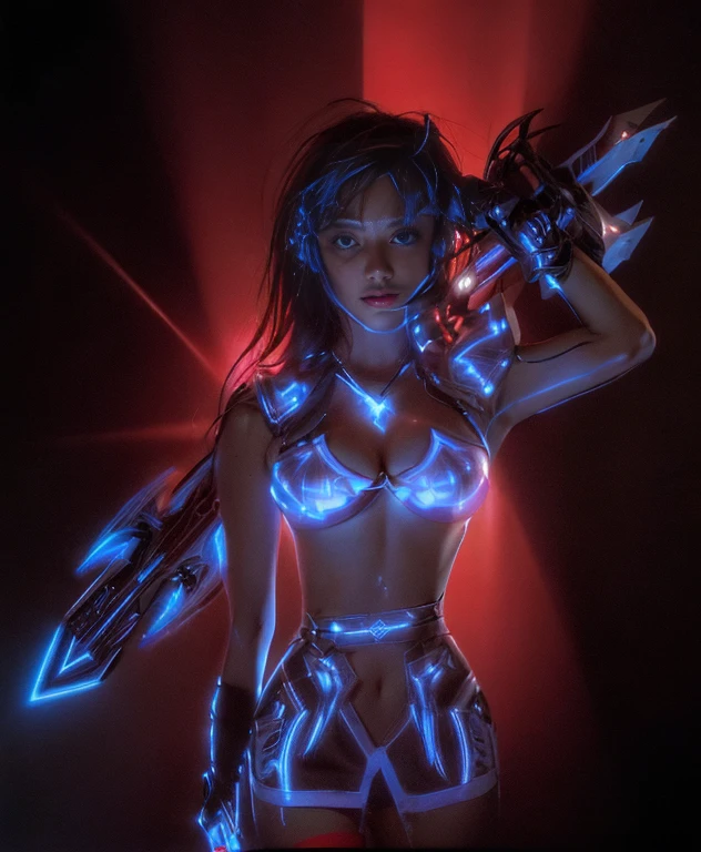 a ultra beautiful girl, with a black techno fantasy armor and a great sword in the back, cute, 12k, uhd, photorealistic, red lights decourations, black short hairs, ((european white race)), (ultra beautiful gorgeous realistic), naked belly and (naked arms), rendi la ragazza super realistica e super bella, rendi lo spadone vibrante di energia rossa