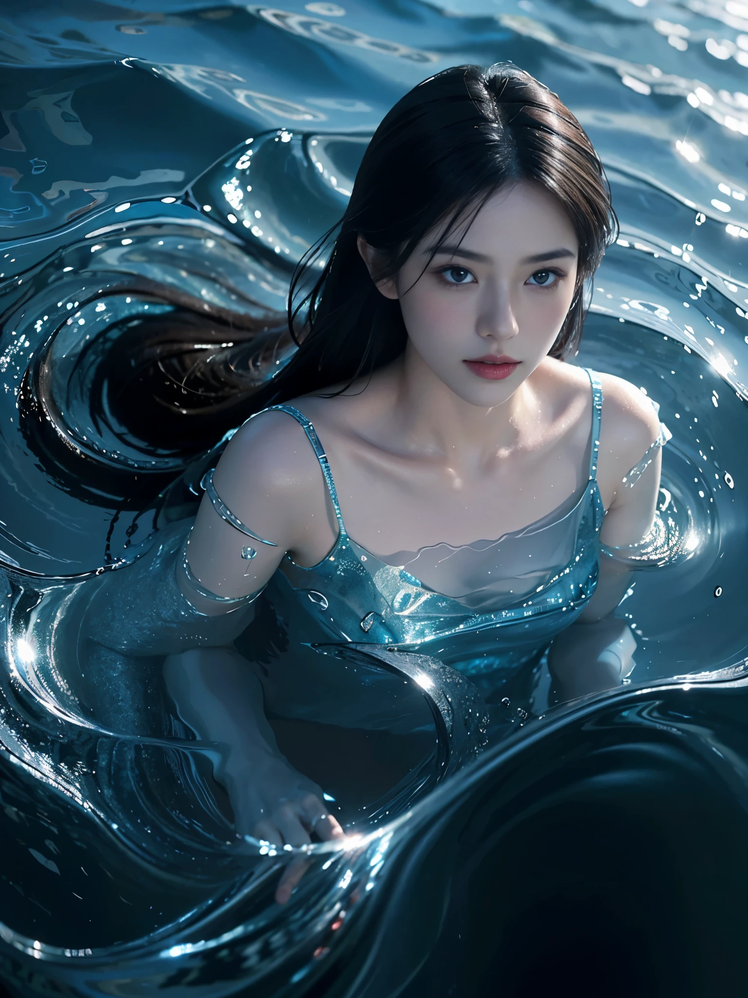（tmasterpiece，top-quality，optimum，offcial art，Beautiful and beautiful，Long exposure：1.2），Smooth movement，Attractive pattern，one-girl，Adult women，Perfect skin，jade Eyes，Black leafy hair，sportrait，solo，The upper part of the body，Gaze at the observer，detailedbackground，Detailed face，（Crystal AI，crystalline theme：1.1），Elemental Water Elves，Swirl water，Water control，The water flows around Makoto's clothes，dynamicposes，Floating particles，Ether dynamics， Eau，steamy，Background sea，blue tint，shores，Fantastical Atmosphere，。The water is as blue as spring water。Full face。Realism in the water。Light and shadow tracking，