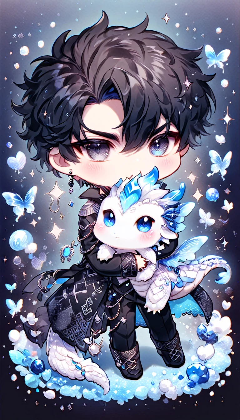 absurdres, highres, ultra detailed, HDR) master piece, best quality, Yoo Joonghyuk chibi, black hair, expressive gray eyes, omniscient reader's viewpoint, cute, black clothes, with accessories, hugging a white small dragon, jewelry, patterns, magical fantasy, blue butterflies, glittering, sparkling, blue lilies, petals, radiant, blue background with gemstones