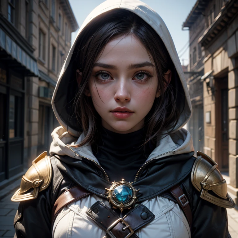 A full-body shot of depraved Princess Zelda, brown hair, blue eyes, dressed as an Assassin from Assassins Creed, in white+gold witha white mask and hood with gold details, XL bust, using a wrist blade. Background: A city during the renaissance period. Unreal Engine 5, Anime, Anime style, Masterpiece, Well drawn eyes, well drawn face, well detailed eyes, well detailed face, 8k, light and shadow effect.