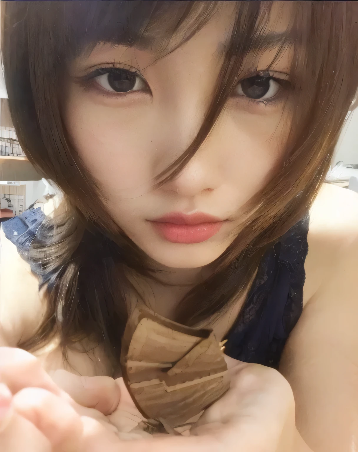 there is a woman holding a piece of paper in her hands, Yoshitomo Nara, beautiful japanese girls face, ayami kojima amano, sui ishida, kotegawa yui, sakimi chan, anime girl in real life, selfie shot straight on angle, yuuka kazami, realistic young gravure idol