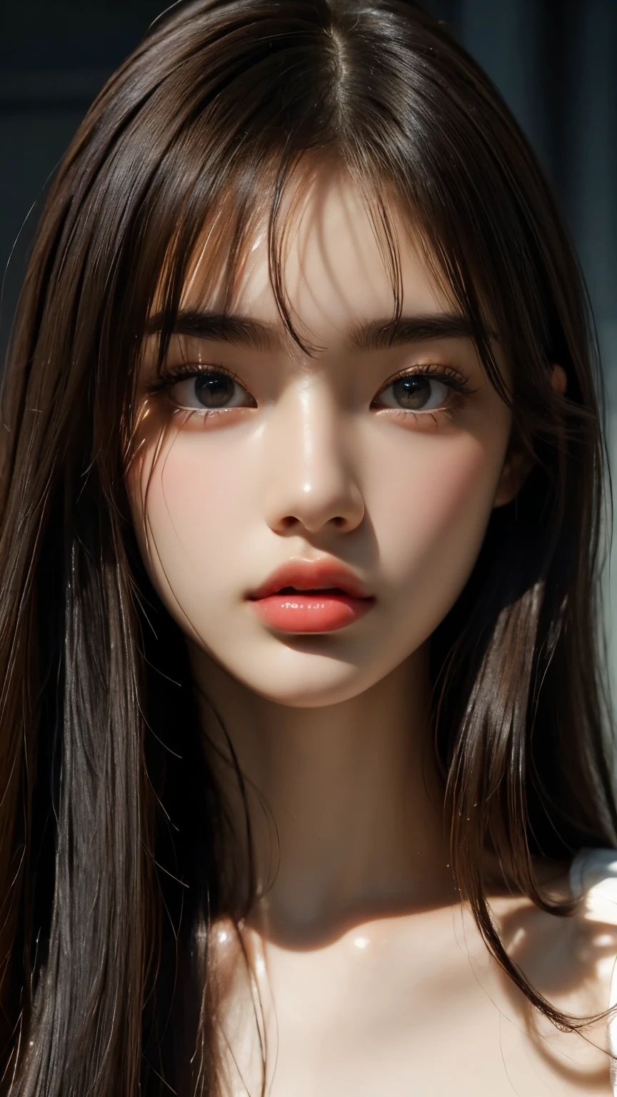 masterpiece, best qualitiy, RAW photos, realisticlying, A high resolution, hyper-detailing, Focus on the face, Detailed eyebrows, realistic beautiful eyes, realistic glossy skin, straight Bangs, realistic movie lighting, detail shaded, high contrast, Slender, Sexy face, Facial expressions when receiving pleasure, ((Dark background)),