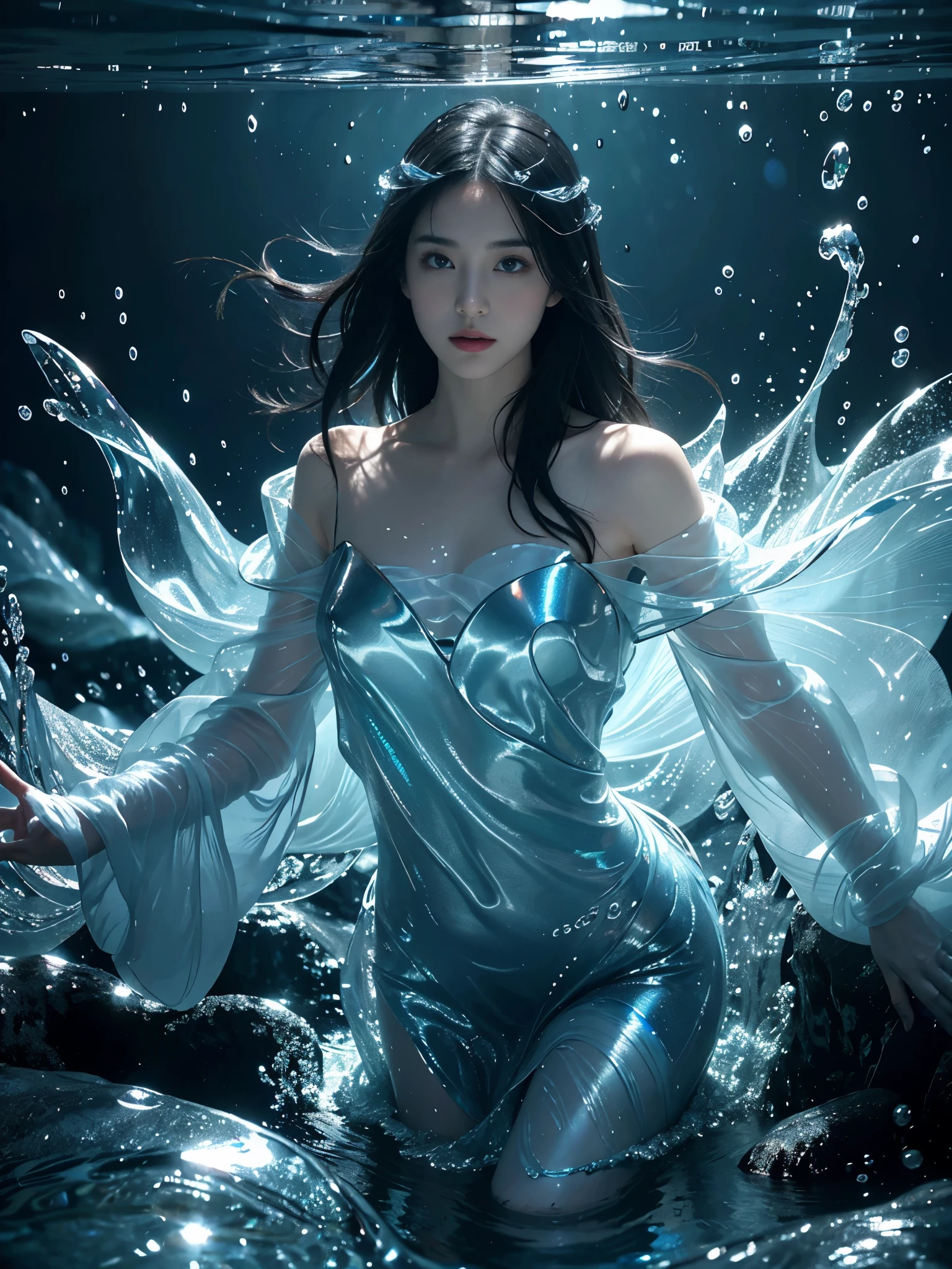 (tmasterpiece,top-quality,optimum,offcial art,Beautiful and beautiful,Long exposure:1.2),Smooth movement,Attractive pattern,one-girl,Adult women,Perfect skin,jade Eyes,Black leafy hair,sportrait,solo,The upper part of the body,Gaze at the observer,detailedbackground,Detailed face,(Crystal AI,crystalline theme:1.1),Elemental Water Elves,Swirl water,Water control,The water flows around Makoto's clothes,dynamicposes,Floating particles,Ether dynamics, Eau,steamy,Background sea,blue tint,shores,Fantastical Atmosphere,。The water is as blue as spring water。Full face。Realism in the water。Light and shadow tracking,