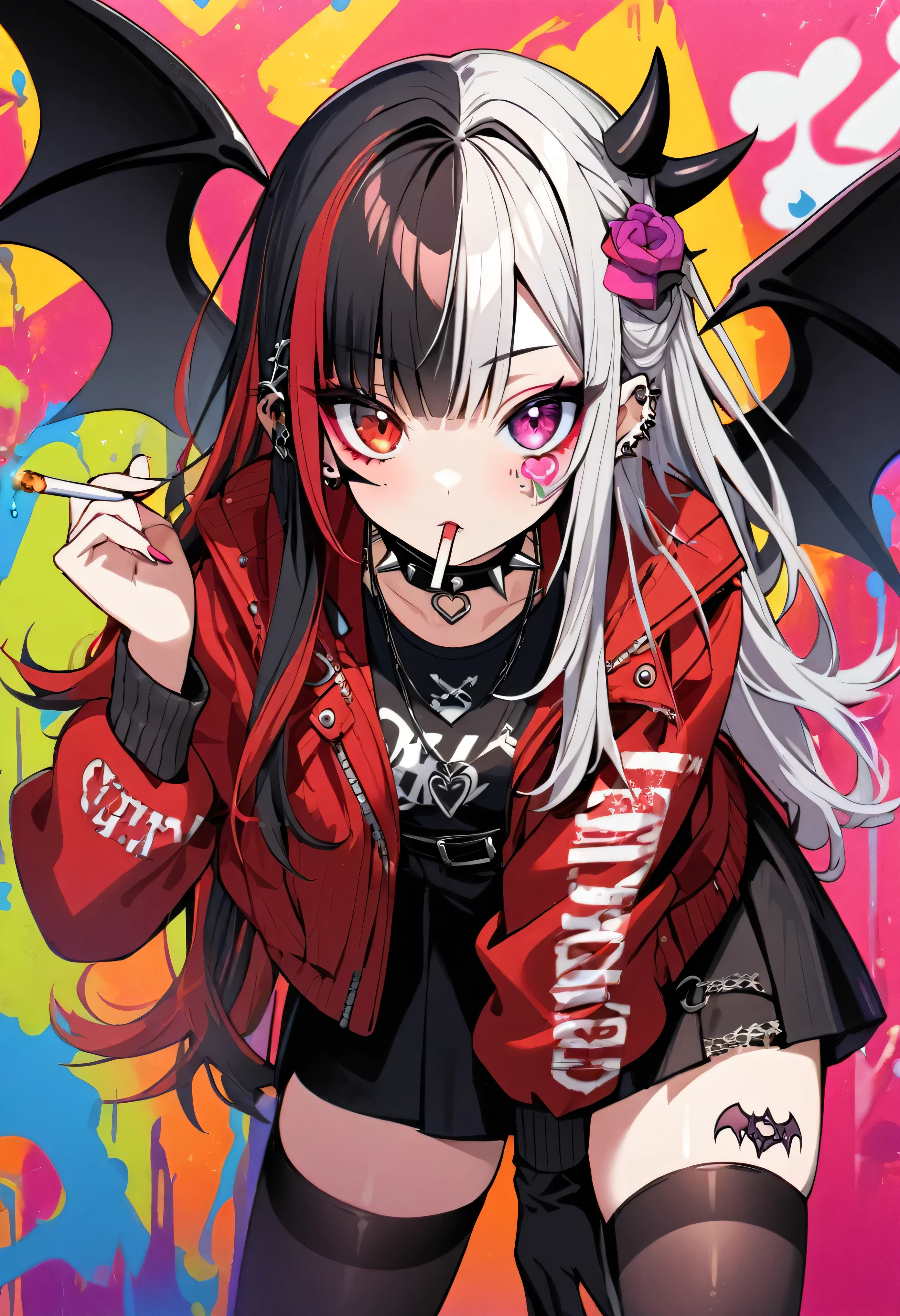 1girl, kawaii, , long hair, looking at viewer, bangs, skirt, black hair, hair ornament, red eyes, thighhighs, jewelry, jacket, white hair, multicolored hair, earrings, wings, belt, black thighhighs, necklace, collar, two-tone hair, english text, tattoo, leaning forward, heterochromia, piercing, ear piercing, red jacket, spikes, eyeshadow, demon wings, cigarette, spiked collar, ((split-color hair)), colorful graffiti background:1.5, (upper body),more detail XL
