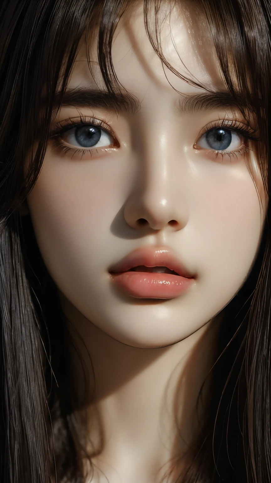 masterpiece, best qualitiy, RAW photos, realisticlying, A high resolution, hyper-detailing, Focus on the face, Detailed eyebrows, realistic beautiful eyes, realistic glossy skin, straight Bangs, realistic movie lighting, detail shaded, high contrast, Slender, Sexy face, Facial expressions when receiving pleasure, ((Dark background)),