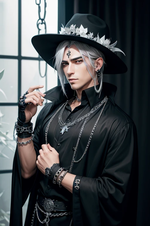 handsome man, short and disheveled black and somewhat white hair, short disheveled bangs, wide black hat decorated with a black blue flower and dried leaves, black eyeliner, black eyes, long silver hoop in his right ear, necklace thin silver chains with a silver cross, black shirt decorated with a black flower and silver spikes, thick silver rings, black glove on his right hand, black bracelets with silver spikes and chains,anime concept art