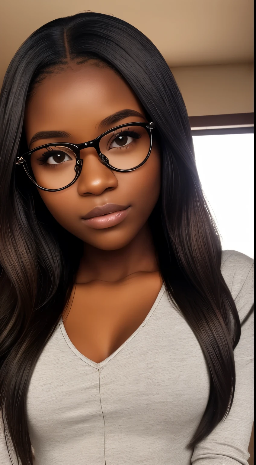 Africa girl. long hair in a bun with glasses selfie instagram model makeup long eyelashes thick eyebrows pretty little brown hair green eyes and eyes long eyelashes 3.5 )(realisticlying, A Android resolution:1.3),ebony skin (lips 2.2)( eyes 2.2) cute 17 looks at the cameras -old