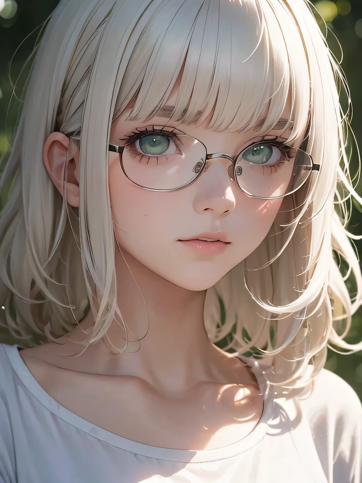 Masterpiece, best quality, high resolution, amazing details, 18 years old girl, short wavy white hair, choppy bangs, downturned lime green eyes, portrait, close-up, looking infront, looking at the camera, very fair skin, plain background, round glassses, t shirt