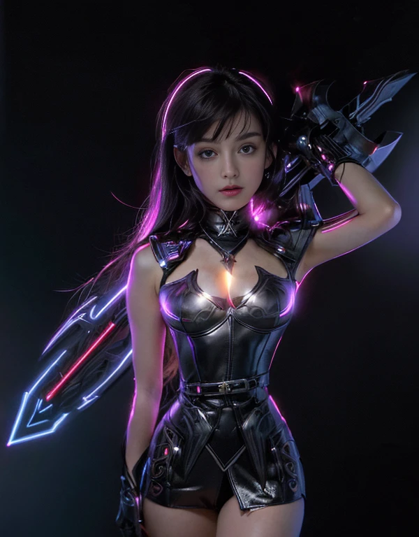 a ultra beautiful girl, with a black techno fantasy armor and a great sword in the back, cute, 12k, uhd, photorealistic, red lights decourations, black short hairs, ((european white race)), (ultra beautiful gorgeous realistic), naked belly and (naked arms), rendi la ragazza super realistica e super bella, rendi lo spadone vibrante di energia rossa