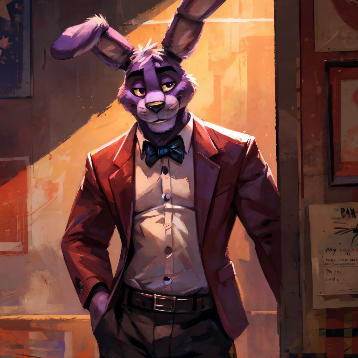 Purple rabbit from FNaF 1, Bonnie, Bonnie Rabbit, solo, male, purple rabbit, perfect nose, rabbit ears, long ears, male face, handsome, attractive, standing, red dress shirt, dark red, wine red color, black pants, black belt, formal clothes, posing, waist, hand on waist, Five Nights at Freddy's, By mystikfox61, by kenket 