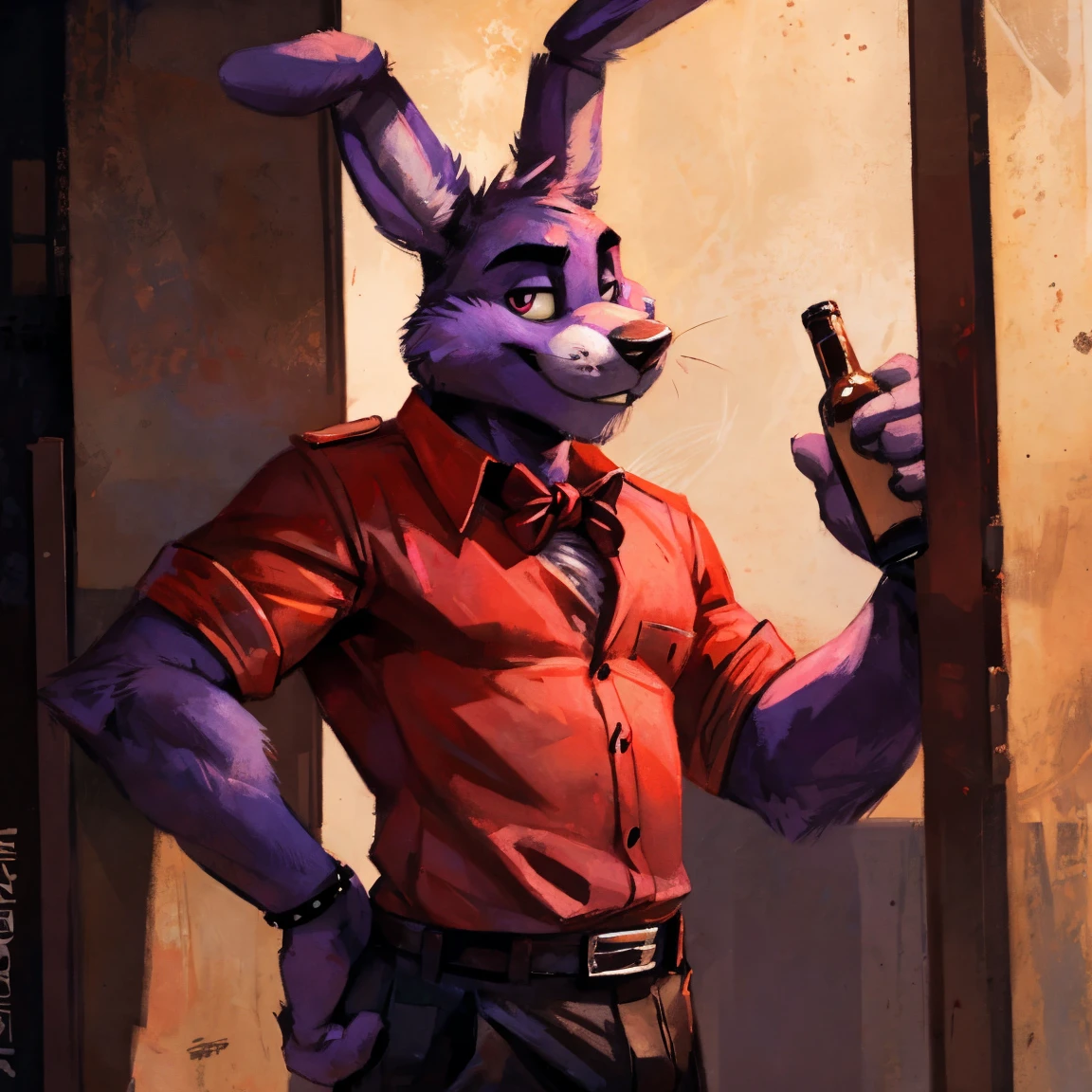 Purple rabbit from FNaF 1, Bonnie, Bonnie Rabbit, solo, male, purple rabbit, perfect nose, rabbit ears, long ears, male face, handsome, attractive, standing, red dress shirt, dark red, wine red color, black pants, black belt, formal clothes, posing, waist, hand on waist, Five Nights at Freddy's, By mystikfox61, by kenket 