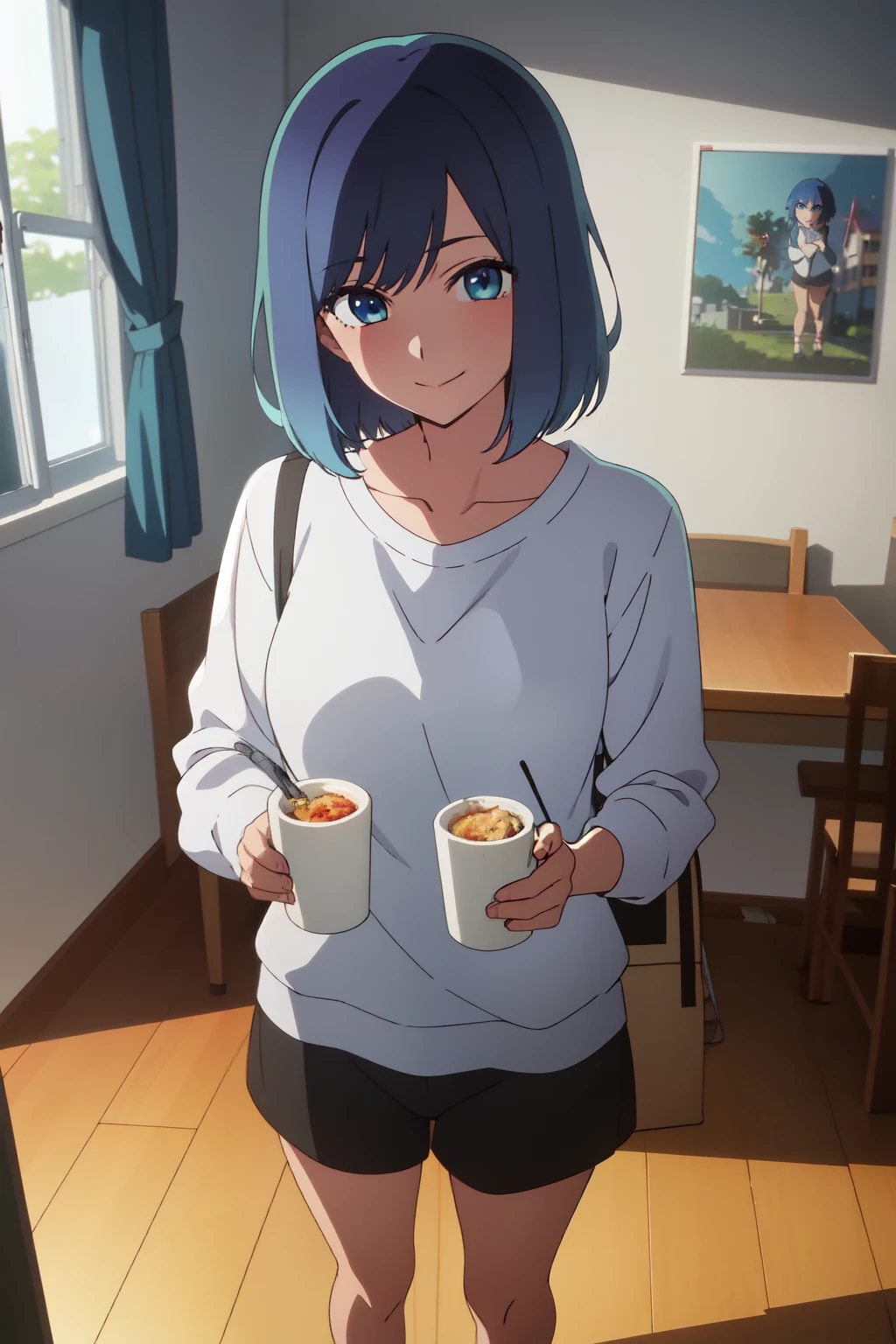 Anime background art, bottom of room, one bed, standing, beautiful anime scenes, 4K anime art wallpaper, 4k anime art wallpaper, Rosla global illumination, anime girl, best quality, detailed, 1 girl, alone, same as LORA, same as lora, closed mouth, smile, blue hair, short hair, defined eyes, blue eyes, looking at viewer, perfect face, perfect eyes, .



