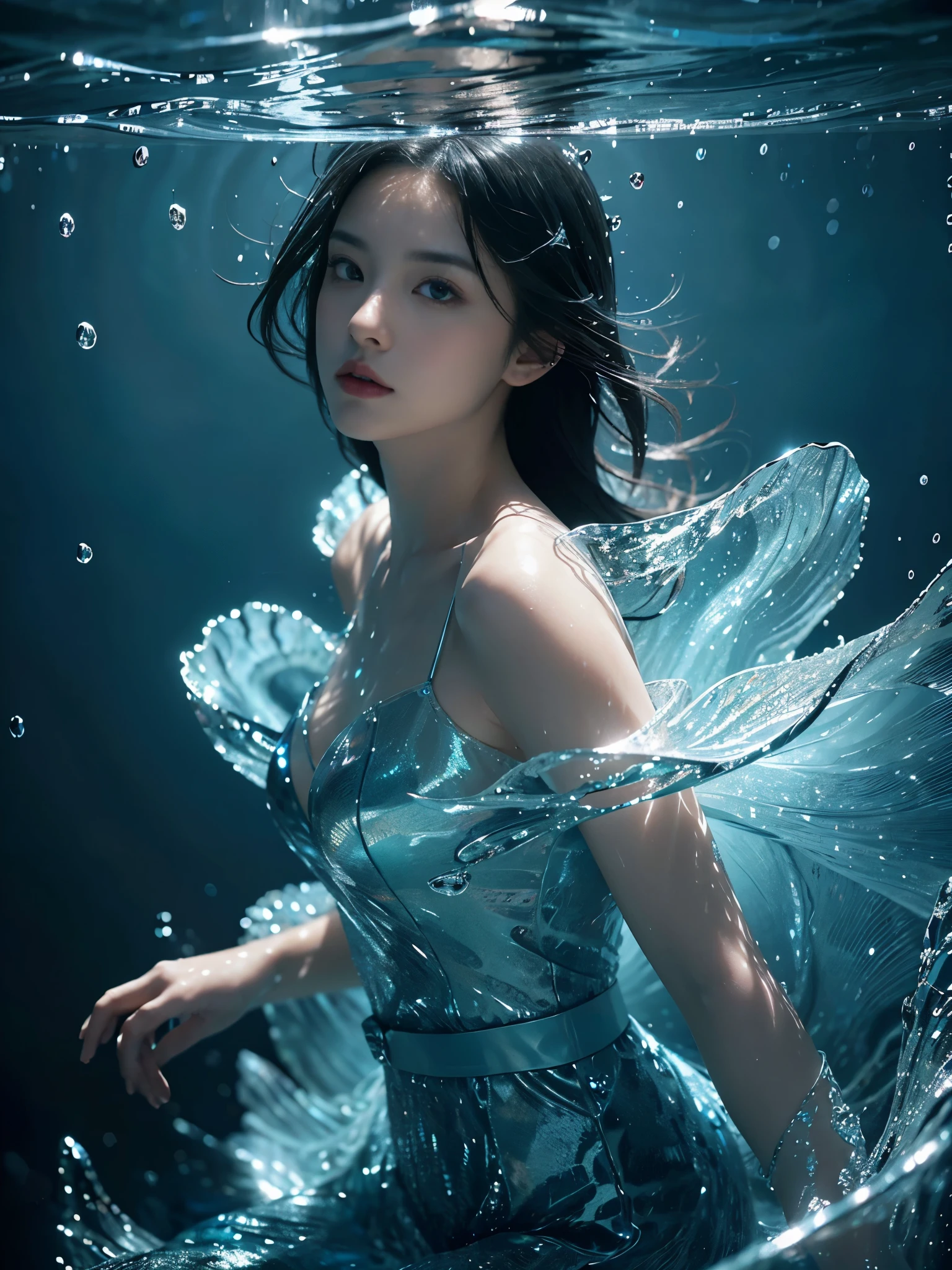 （tmasterpiece，top-quality，optimum，offcial art，Beautiful and beautiful，Long exposure：1.2），Smooth movement，Attractive pattern，one-girl，Adult women，Perfect skin，jade Eyes，Black leafy hair，sportrait，solo，The upper part of the body，Gaze at the observer，detailedbackground，Detailed face，（Crystal AI，crystalline theme：1.1），Elemental Water Elves，Swirl water，Water control，The water flows around Makoto's clothes，dynamicposes，Floating particles，Ether dynamics， Eau，steamy，Background sea，blue tint，shores，Fantastical Atmosphere，。The water is as blue as spring water。Full face。Realism in the water。Light and shadow tracking，
