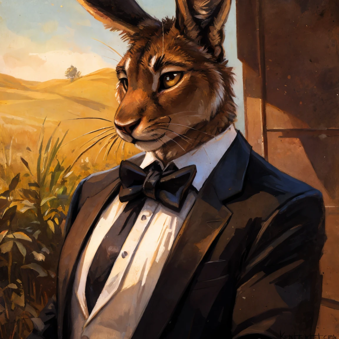 Light brown hare, in one color tone, with long ears, in tuxedo, black tuxedo, chest, big chest view, By kenket