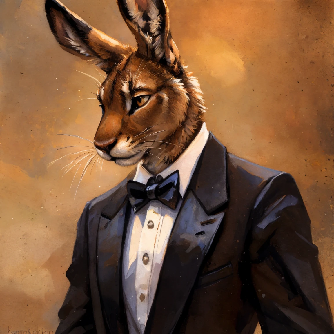 Light brown hare, in one color tone, with long ears, in tuxedo, black tuxedo, chest, big chest view, By kenket