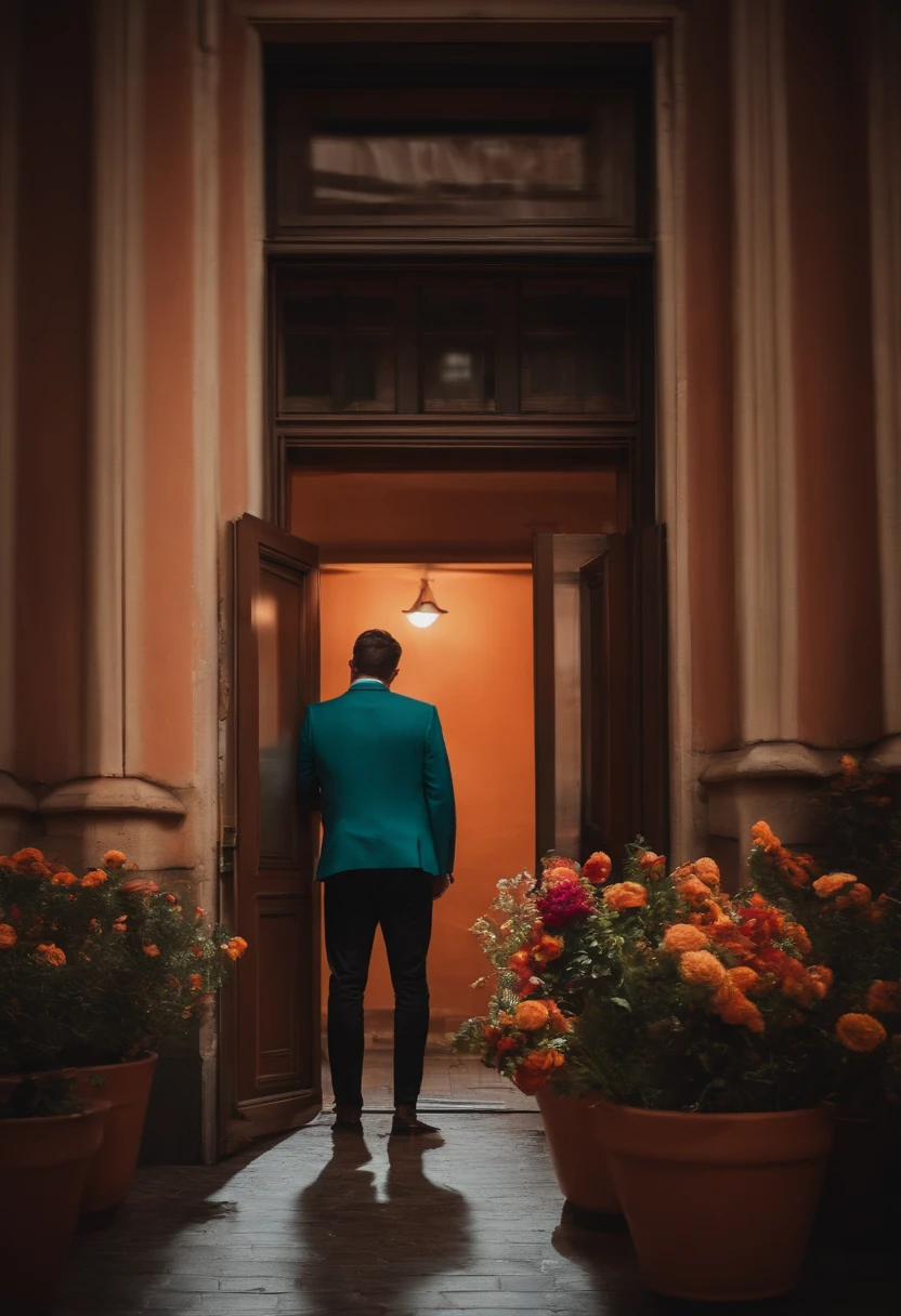 Man from behind with a bouquet in his hand in front of a closed apartment door
