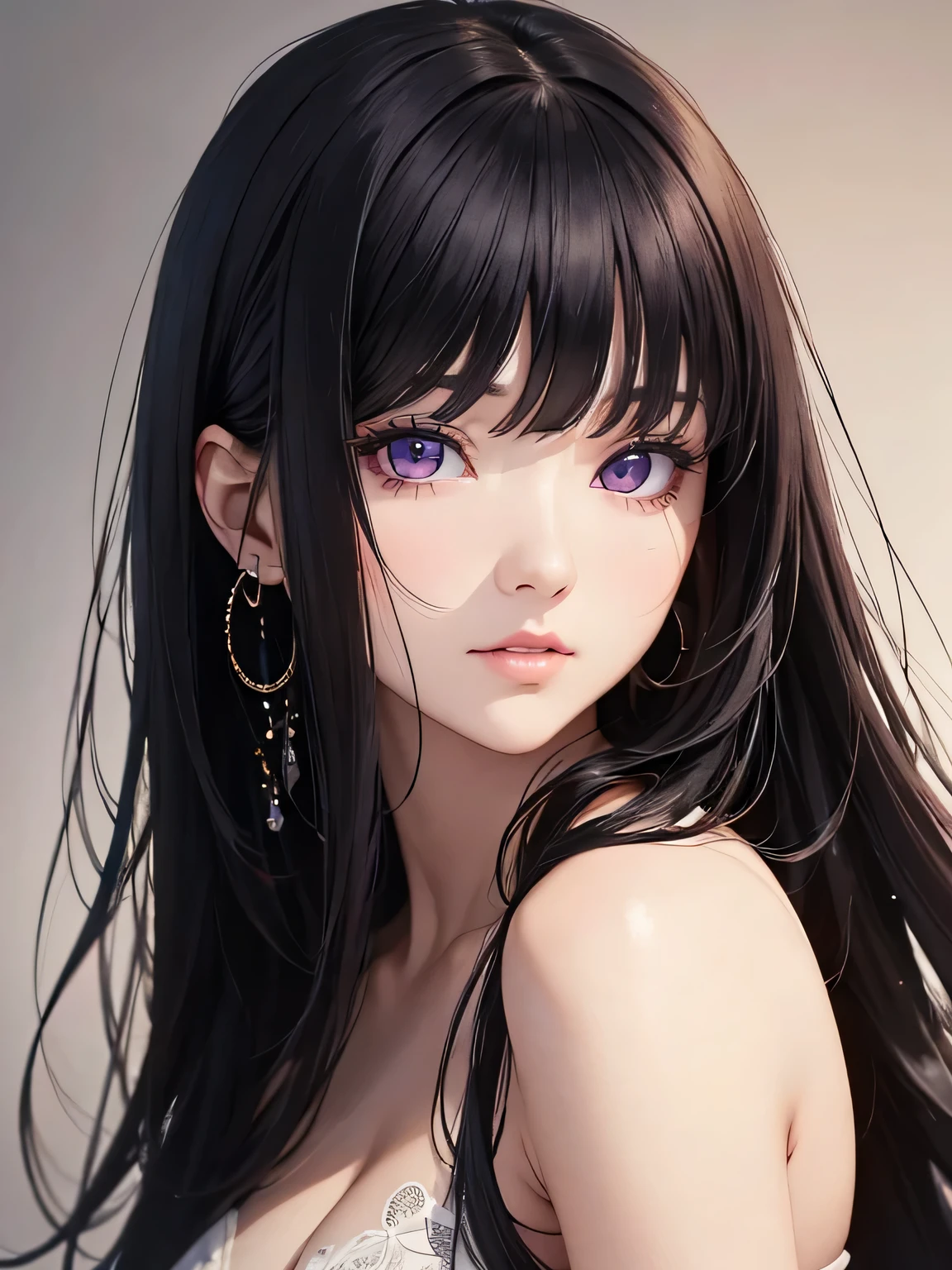 Masterpiece, best quality, high resolution, amazing details, 25 years old woman, long black hair, bangs, upturned purple eyes, portrait, close-up, looking infront, looking at the camera, fair skin, plain background