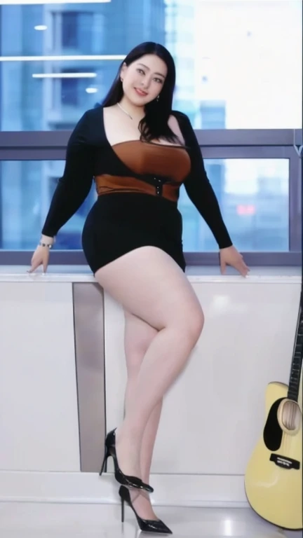 araffe woman in a black dress and high heels posing for a picture, bbwchan, she has a jiggly fat round belly, thick thighs, thick legs, thick body, thicc, beautiful thick female, large thighs, alluring plus sized model, trending on bbwchan, profile pic, massive legs towering over you.ultra HD.high resolusi 