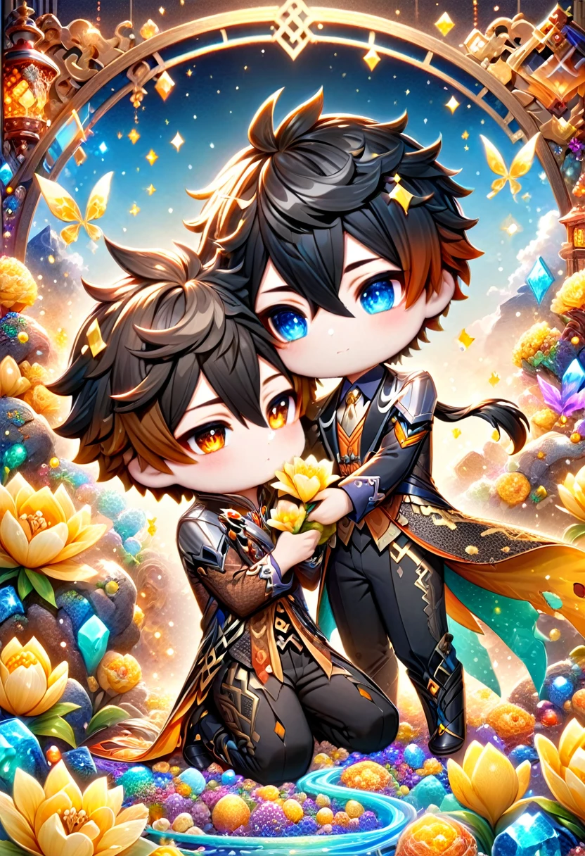 absurdres, highres, ultra detailed, HDR) master piece, best quality, Zhongli chibi, black hair, expressive yellow eyes, genshin impact, Tartaglia chibi, brown-orange hair, expressive blue eyes, two boys together, yaoi couple, black clothes with accessories, jewelry, patterns, magical fantasy, yellow butterflies, glittering, sparkling, yellow lilies, petals, radiant