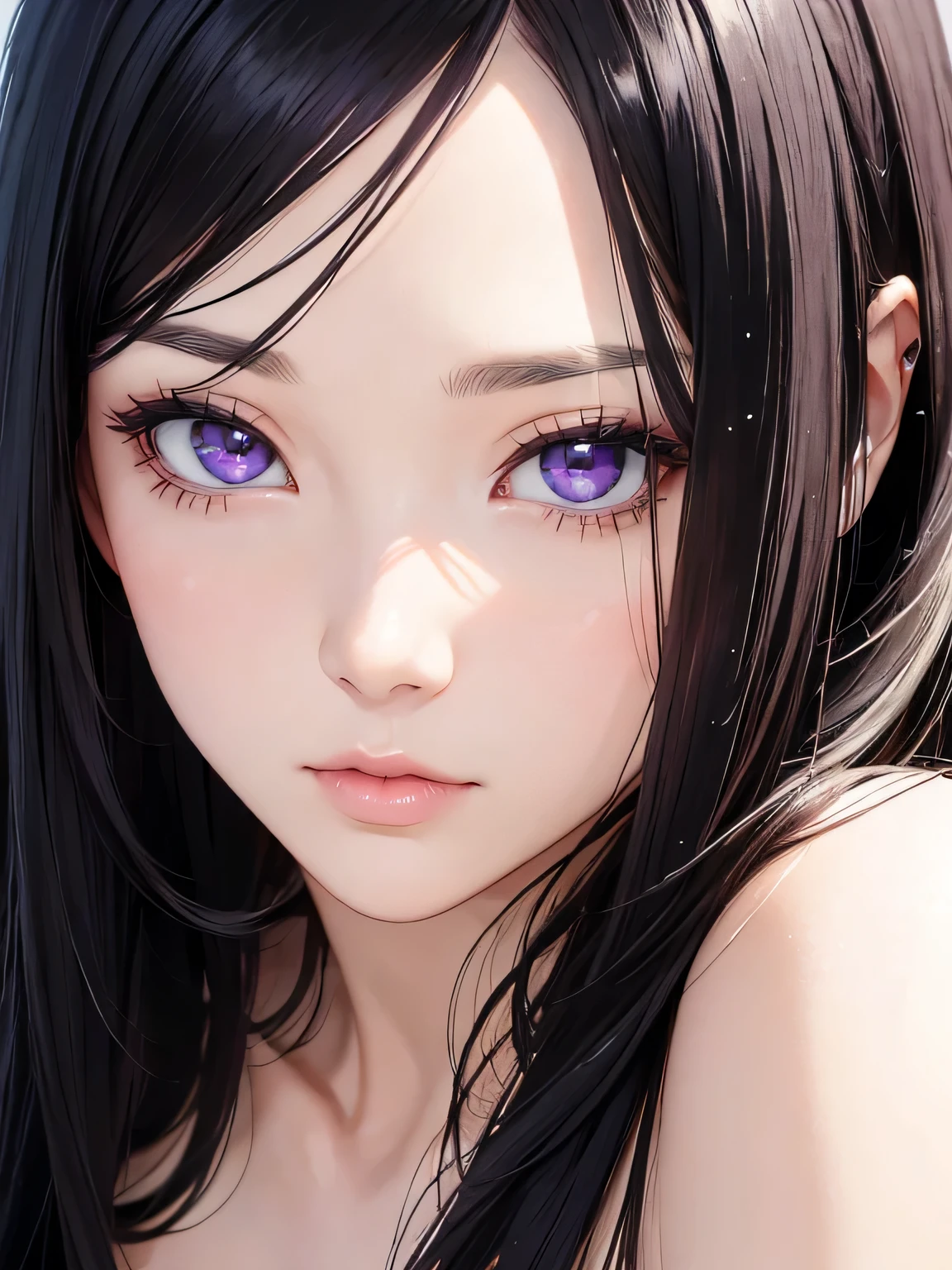 Masterpiece, best quality, high resolution, amazing details, 25 years old woman, long black hair, bangs, upturned purple eyes, portrait, close-up, looking infront, looking at the camera, fair skin, plain background