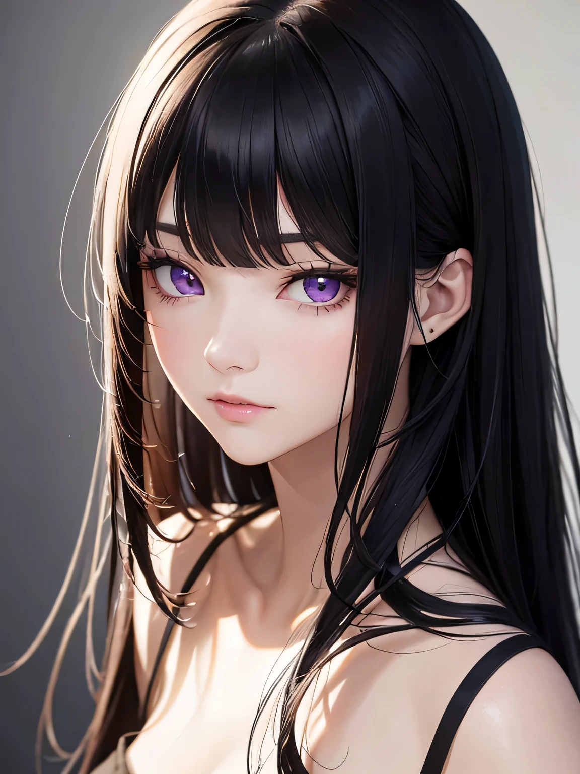 Masterpiece, best quality, high resolution, amazing details, 25 years old woman, long black hair, bangs, upturned purple eyes, portrait, close-up, looking infront, looking at the camera, fair skin, plain background