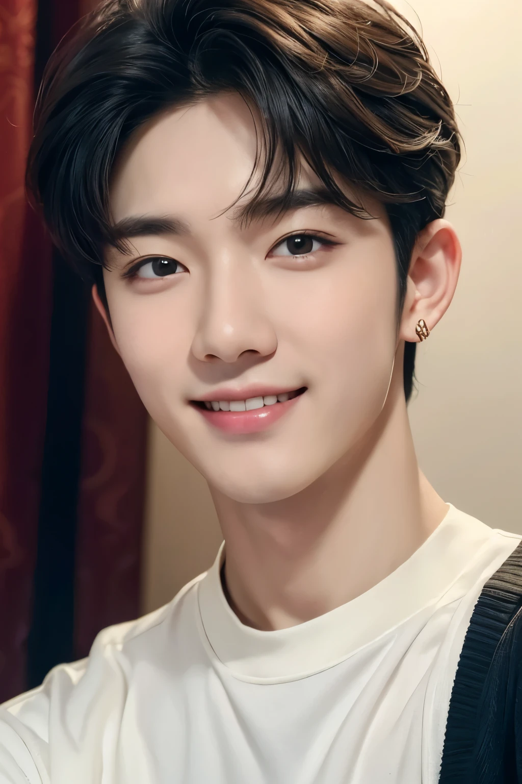 ((best quality)), ((masterpiece)), (detailed), perfect face, pale white skin, Korean handsome guy, young guy, visible skin texture, visible pore, fluffy korean layer hairstyle, curtain korean bangs, tangled hair, male curly hair, big smile, beautiful teeth, outside, indoor background, male kpop idol vibe, clear detailed background, gold ratio, view side angle, natural pose, trendy black cardigan, male ulzzang, face detailed, many pores, little male earring, staring at the camera, curtain bangs, bangs cover all forehead, selfie, eye smiles,