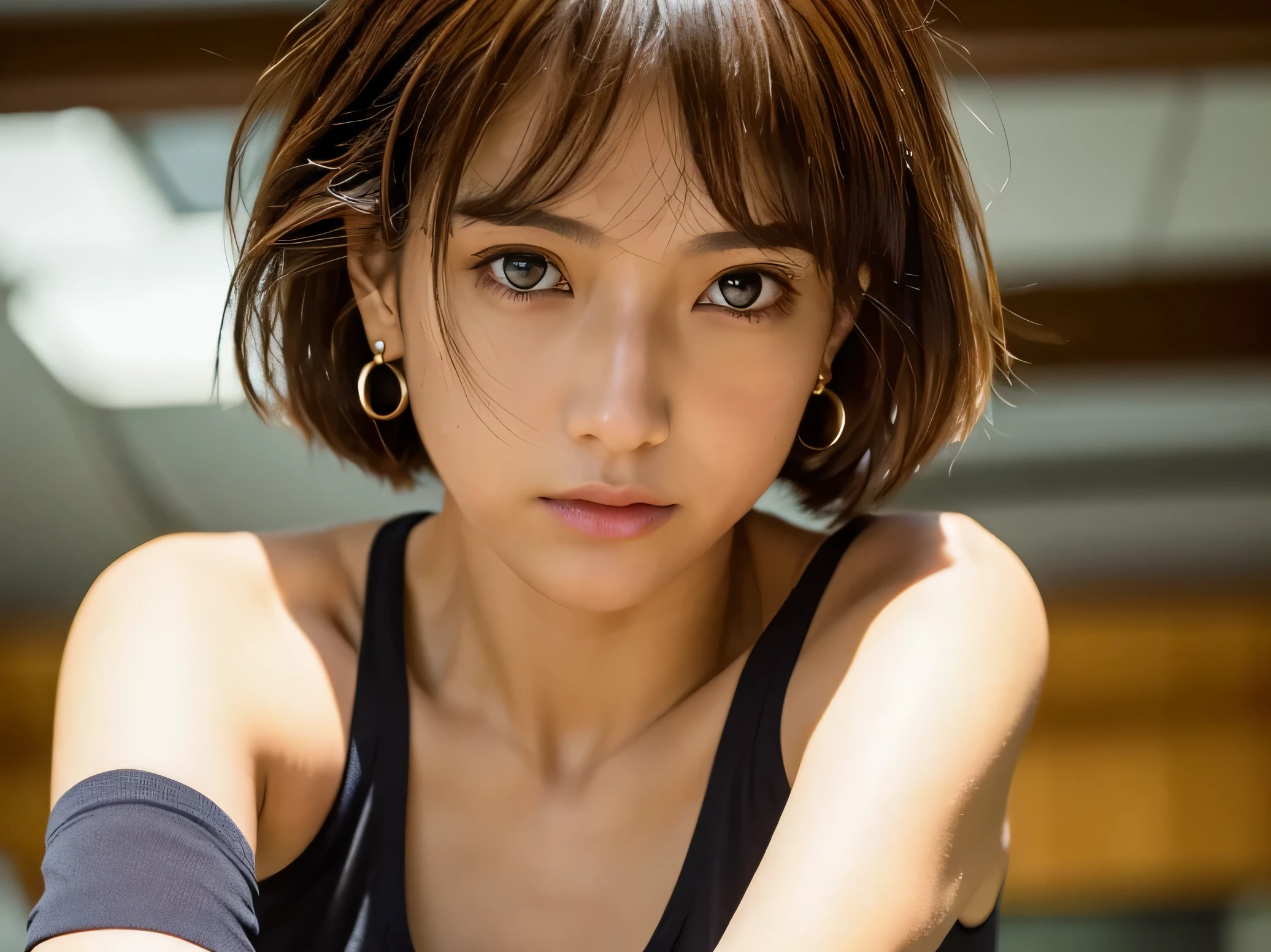 Look into the eyes, Eye contact, Front of face, Front face, face, head, Cross-legged, indoor, Brown Hair, bangs, Light clothing, Tank top, Sweat, Sweaty, Sweat, clavicle, Cross-legged, Light from below, chest, Chest cleavage, Earrings