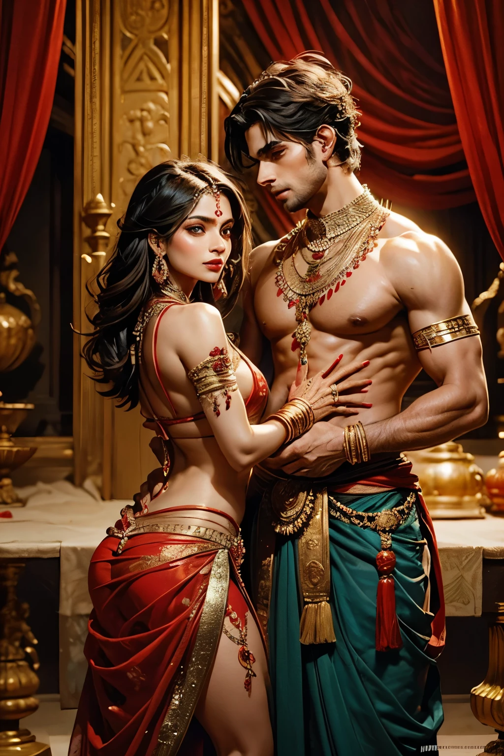 A captivating Indian couple, adorned in vibrant red saris, pose for an alluring picture that exudes a provoking Hindu aesthetic. The man, with a muscular physique, performs an intimate gesture by gently grasping the woman's waist, adding a sensual touch to the image. The woman, a breathtaking Indian goddess, captivates the viewer with her long, lustrous hair and nubile body adorned with intricate gold jewelry.

The Indian master, known for his exquisite eye for detail, skillfully crafts this masterpiece by highlighting the couple's full human hairy bodies, creating a striking contrast against the vivid red saris they