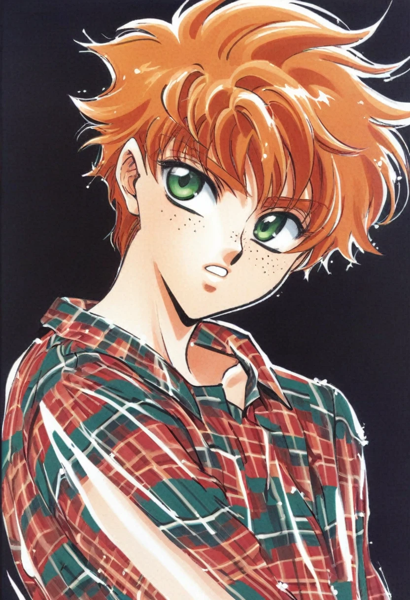 cute 12-years-old ginger irish kid boy, freckles, red plaid shirt, athletic physique, strong body, CLAMP art style