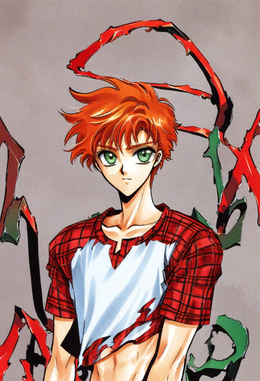 cute 12-years-old ginger irish kid boy, freckles, red plaid shirt, athletic physique, strong body, CLAMP art style