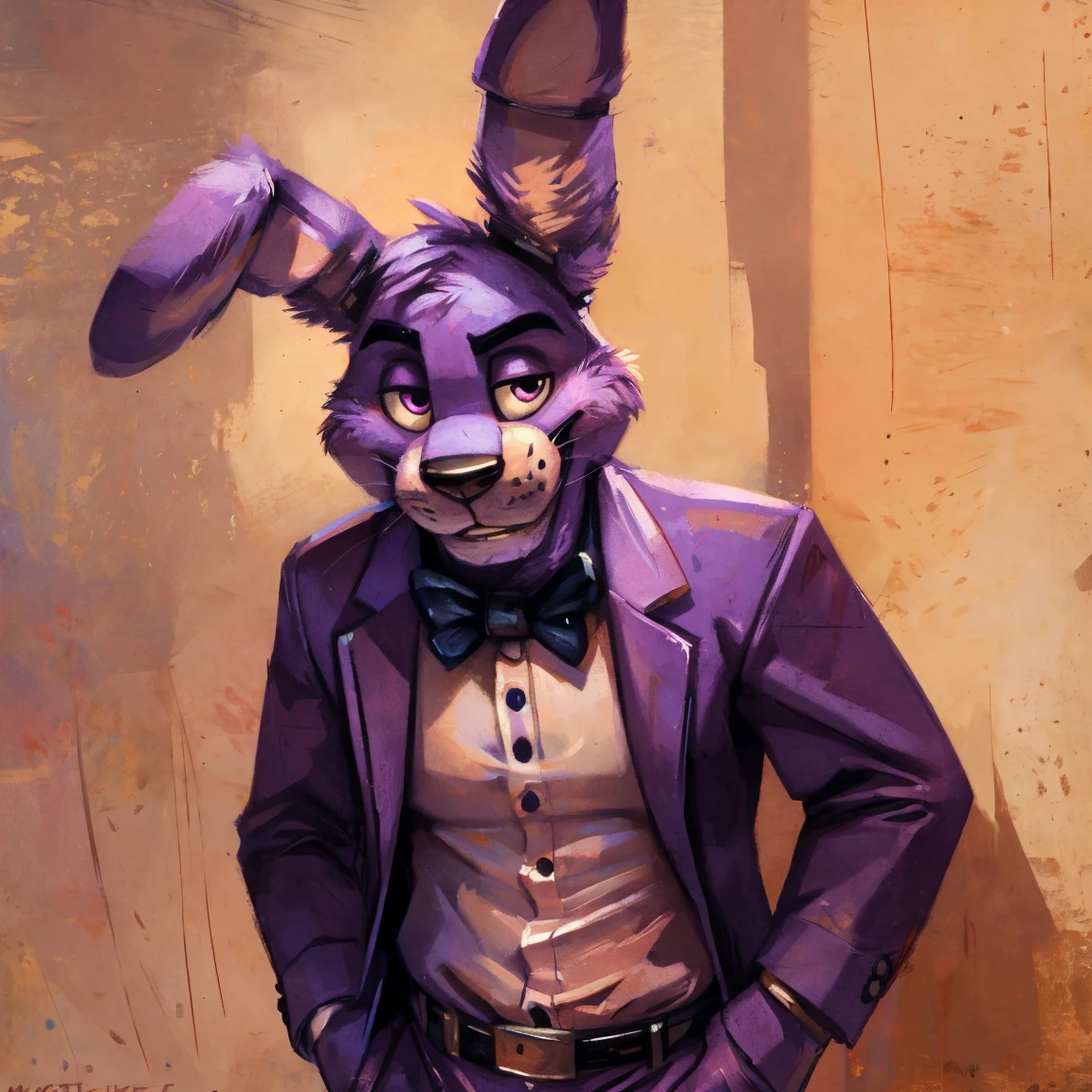 Purple rabbit from FNaF 1, Bonnie, Bonnie Rabbit, solo, male, purple rabbit, perfect nose, rabbit ears, long ears, male face, handsome, attractive, standing, in formal clothes, posing, Five Nights at Freddy's, By mystikfox61, By kenket