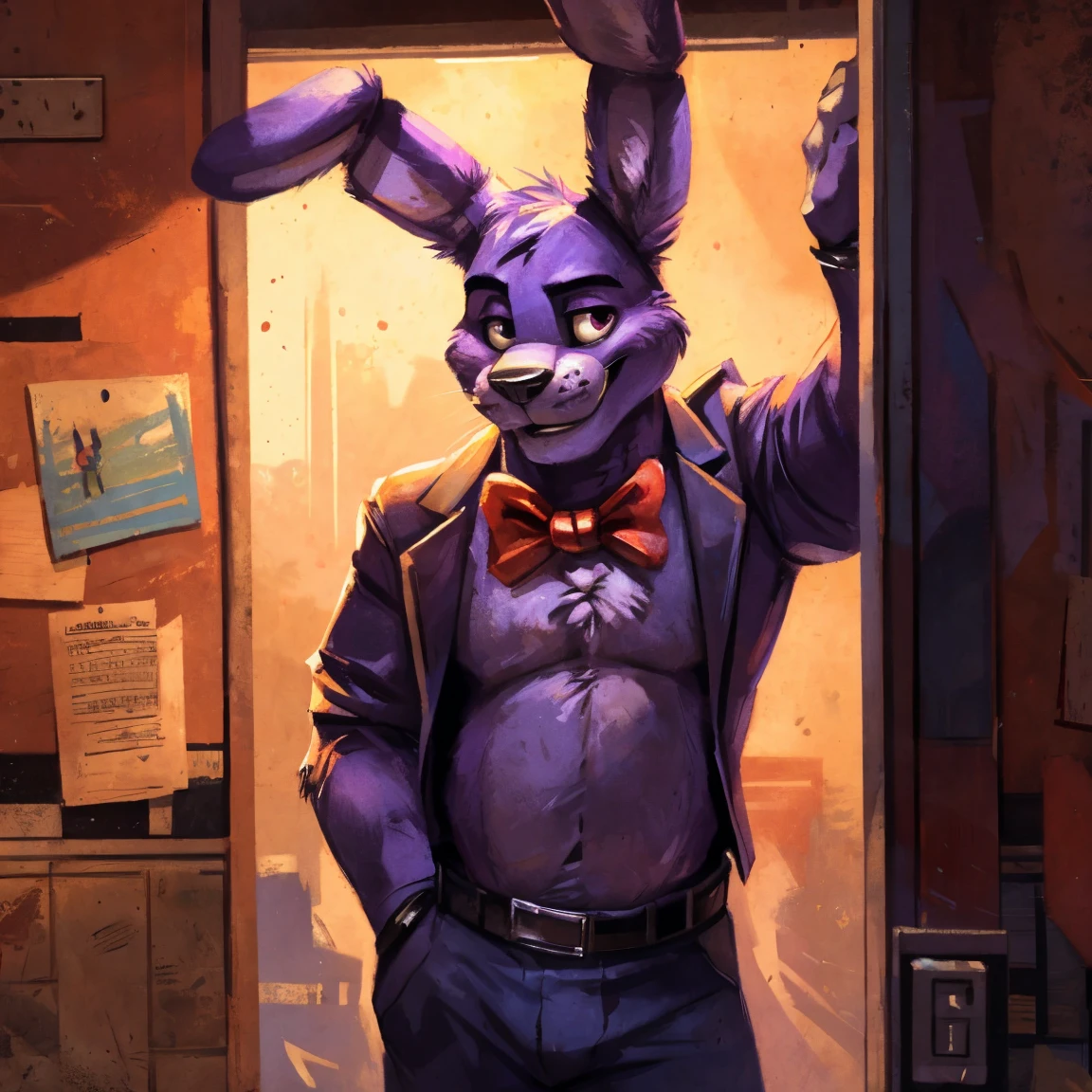 Purple rabbit from FNaF 1, Bonnie, Bonnie Rabbit, solo, male, purple rabbit, perfect nose, rabbit ears, long ears, male face, handsome, attractive, standing, in formal clothes, posing, Five Nights at Freddy's, By mystikfox61, By kenket