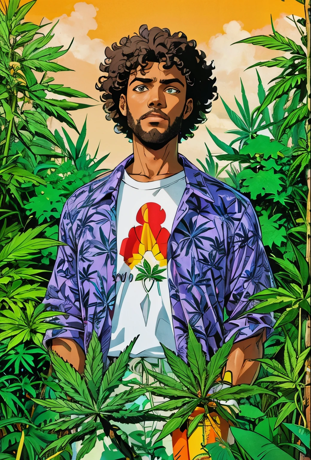 cores solidas, alta qualidade man, african descent, curly hair, colorful shirt, in a cannabis plantation, detailed face, detailed eyes, detailed lips, extremely detailed face, extremely detailed eyes, muscular physique, serious expression, standing, outdoor scene, lush green plants, cannabis leaves, sunlight, natural lighting, cinematic composition, photo-realistic, 8k, ultra-detailed, high quality