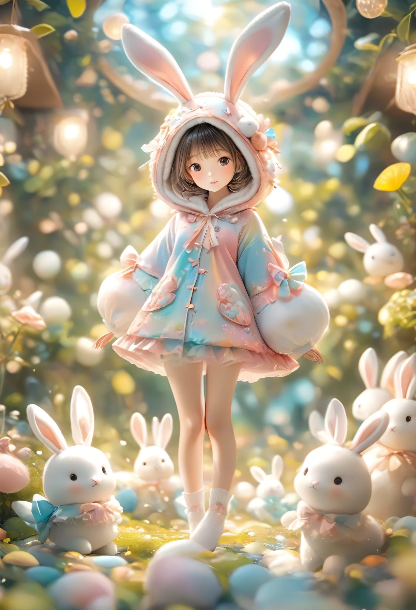 A woman wearing a furry bunny costume，Wearing big rabbit ears, full-body shot, Wide Angle, cute又充满童真表情, Professional Portraits, Super Fine 8K, high resolution, Detailed facial features, Detailed clothing, soft light, Fantastic, fantasy, Soft colors, cute