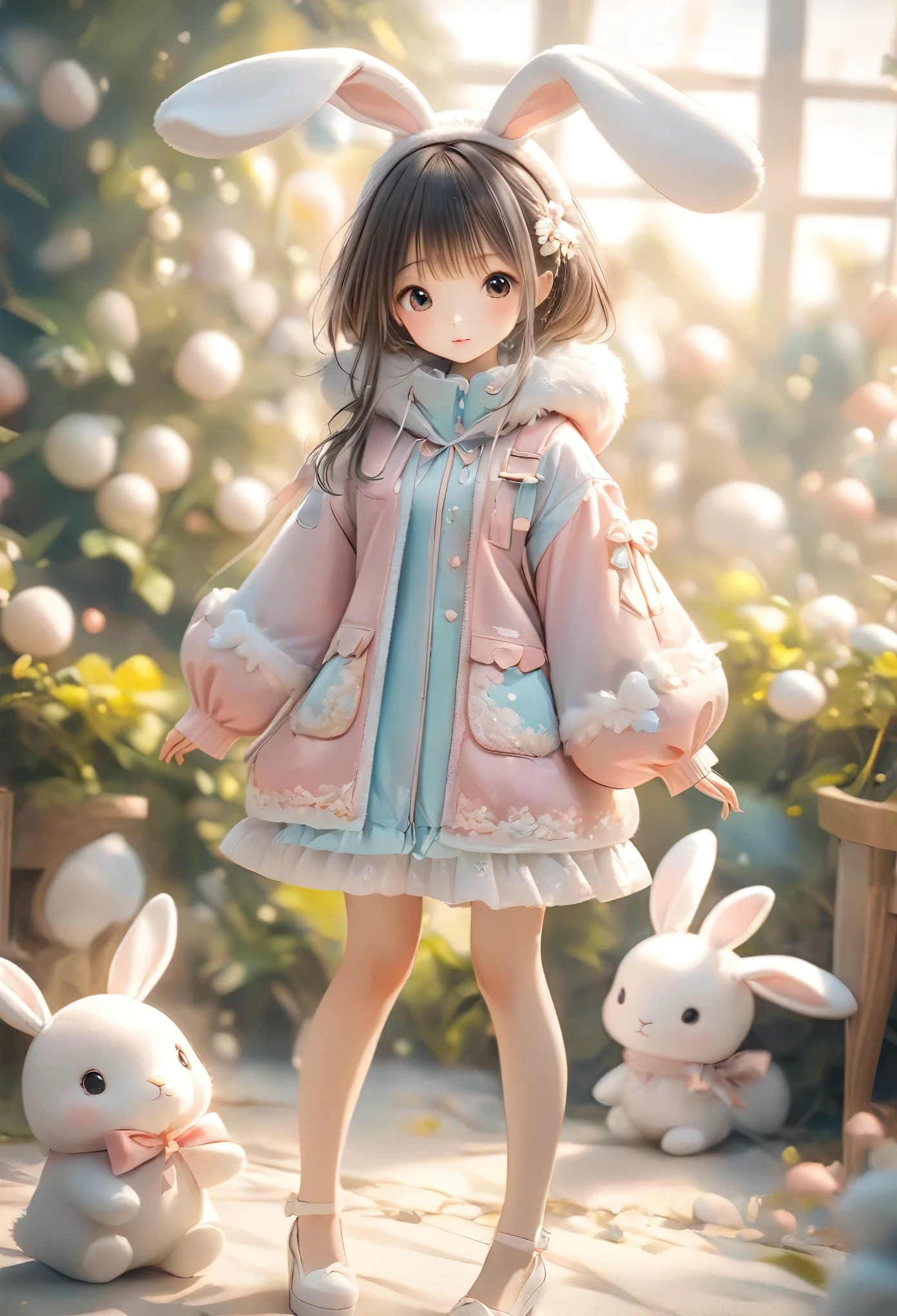 A woman wearing a furry bunny costume，Wearing big rabbit ears, full-body shot, Wide Angle, cute又充满童真表情, Professional Portraits, Super Fine 8K, high resolution, Detailed facial features, Detailed clothing, soft light, Fantastic, fantasy, Soft colors, cute